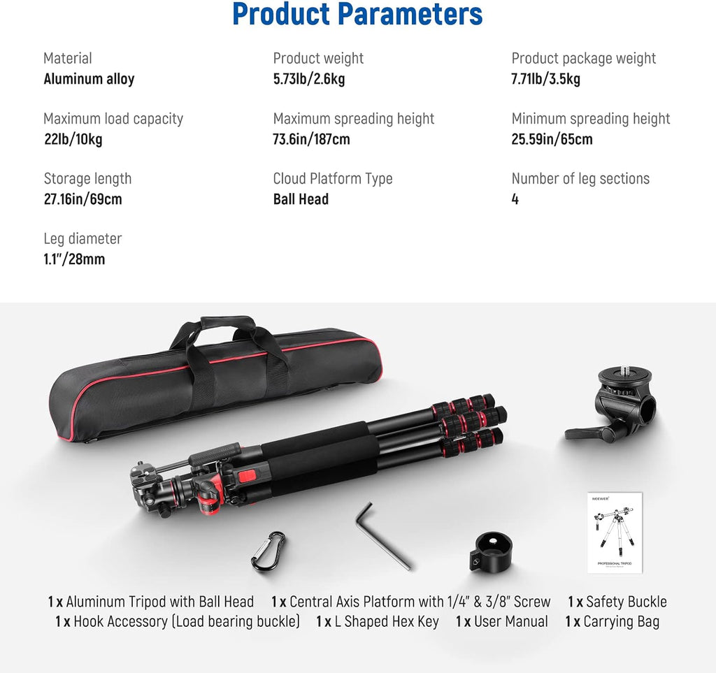 NEEWER 73.6' Horizontal Tripod with Multi Angle Center Column, Ball Head & Central Axis Platform, Heavy Duty Aluminum Camera Tripod Monopod 360° Pan 180° Tilt for Overhead/Macro Shots, Max Load 22lb