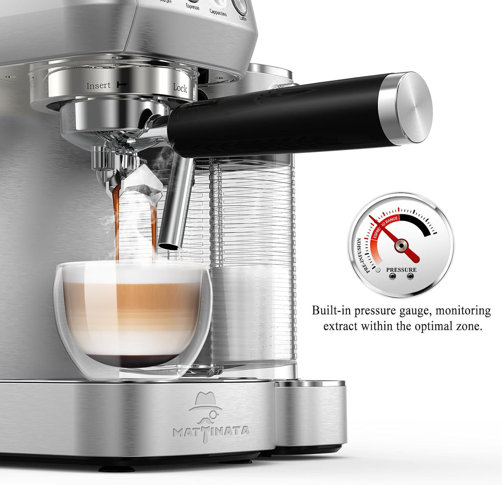MAttinata Cappuccino Coffee Machine with Automatic Milk Frother, Compact Espresso Machine with Pressure Gauge, Stainless Steel Cappuccino Maker with for Home, Office