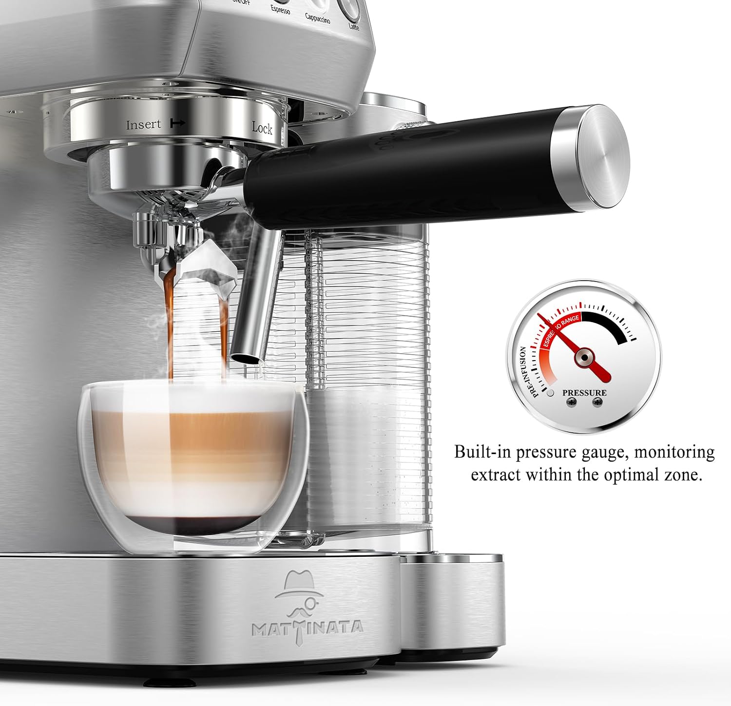 MAttinata Cappuccino Coffee Machine with Automatic Milk Frother, Compact Espresso Machine with Pressure Gauge, Stainless Steel Cappuccino Maker with for Home, Office