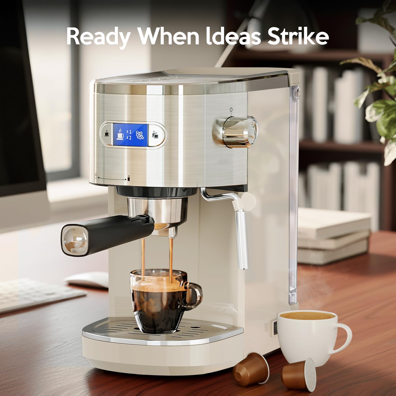 20 Bar Espresso Machine Semi-Automatic, Professional Coffee Maker with Milk Frother Steam Wand & 45OZ Removable Water Tank, Home Barista System for Cappuccino, Latte, Americano-Stainless Steel-White
