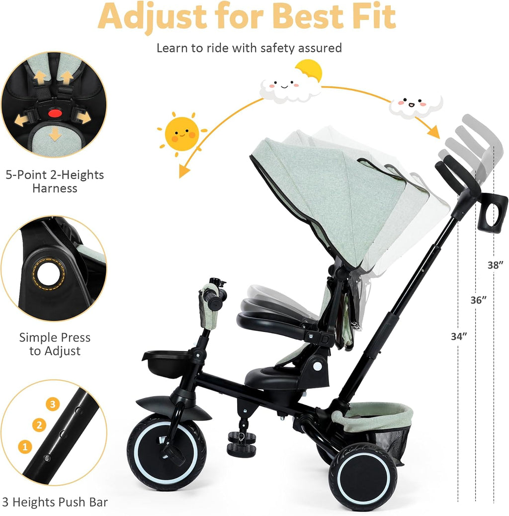TODEFULL Folding Kids Tricycle, 8 in 1 Toddler Trike W/Removable & Adjustable Canopy, Parent Handle, 5-Piont Harness, Toddler Bike Tricycle for Kids 1-6 Years, EVA Wheels, Storage Basket, Green