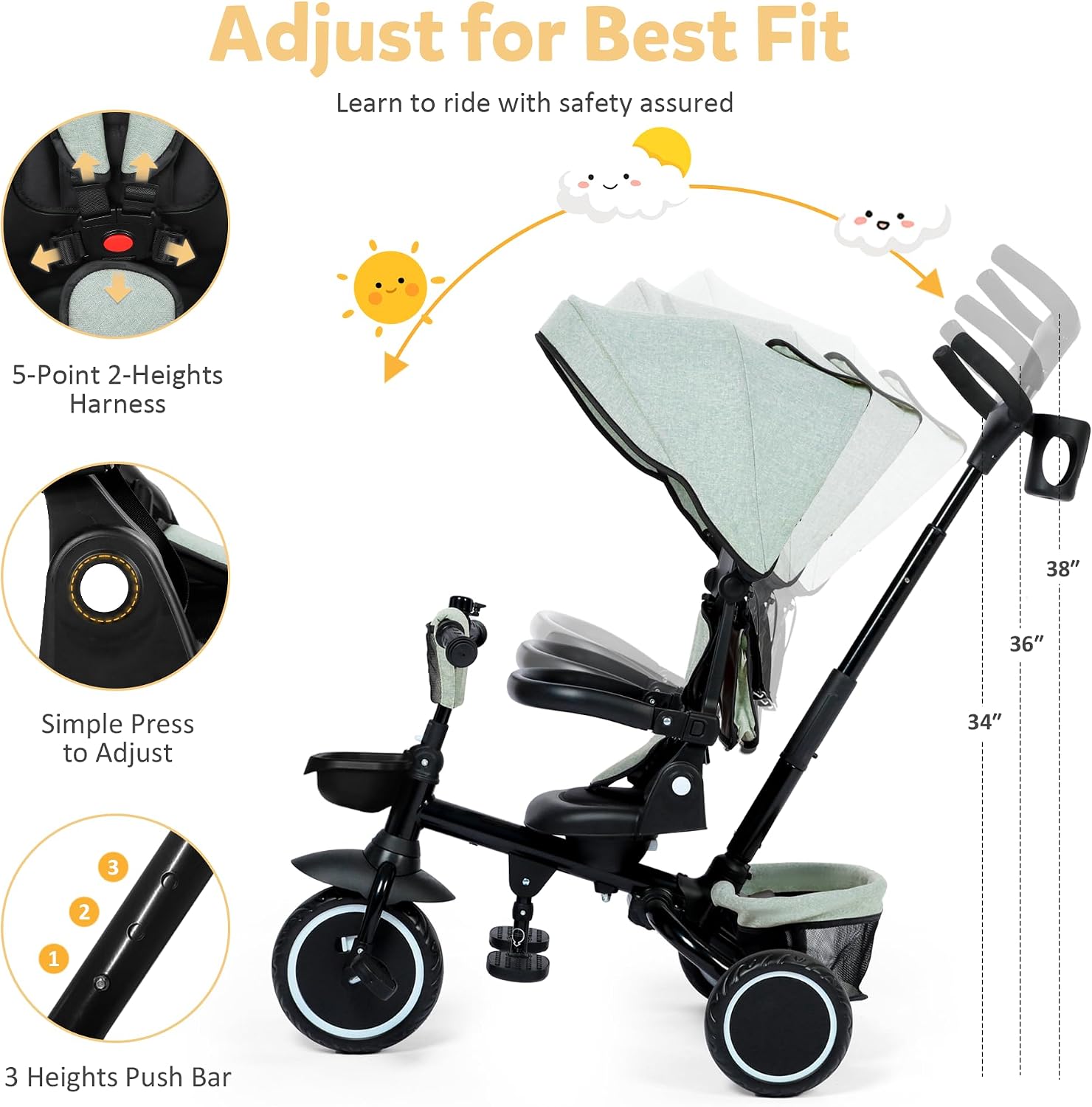 TODEFULL Folding Kids Tricycle, 8 in 1 Toddler Trike W/Removable & Adjustable Canopy, Parent Handle, 5-Piont Harness, Toddler Bike Tricycle for Kids 1-6 Years, EVA Wheels, Storage Basket, Green