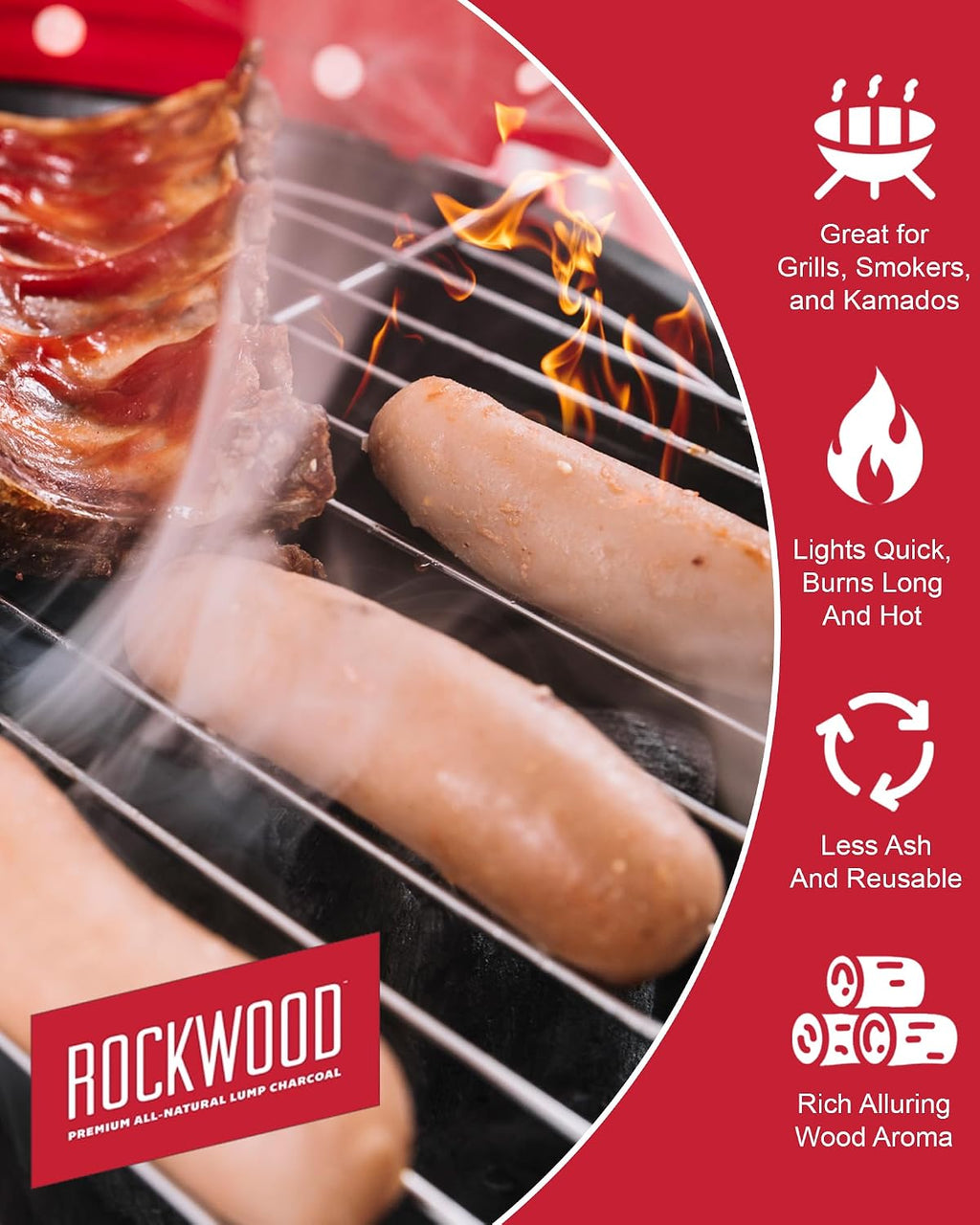 Rockwood Natural Lump Charcoal – Hardwood Lump Charcoal Blend of Oak, Hickory & Cherry for Clean Burn, High-Heat Grilling & Smoky Flavor Barbecue – Ideal for Kettle & Kamado Grills – 20lbs (6 Packs)