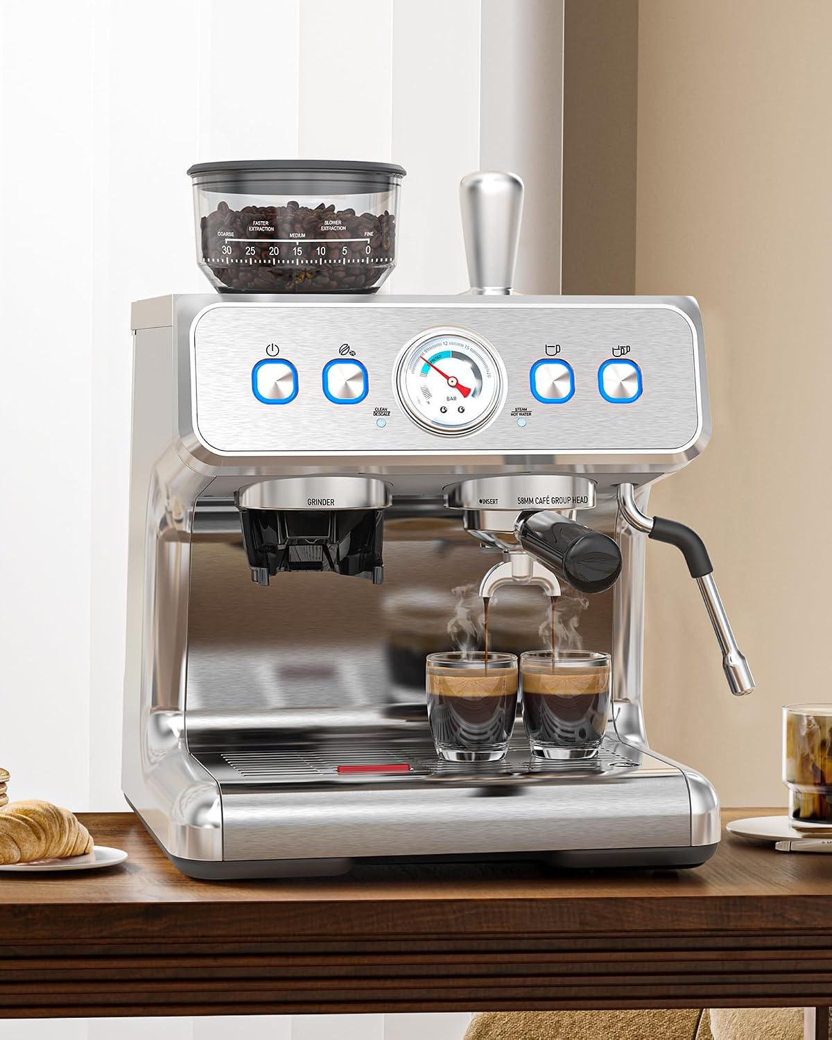 COWSAR 20 Bar Espresso Machine with Grinder & Milk Frother Steam Wand, 58mm Expresso Coffee machines, Commercial Stainless Steel Coffee Maker for Cappuccino and Latte, Perfect for Home Café-Stainless