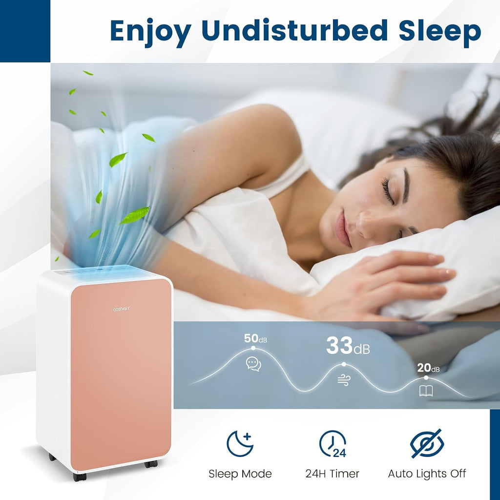 COSTWAY 2500 Sq. Ft Dehumidifier for Basement, 32 Pints Portable Quiet Dehumidifier for Bedroom Bathroom with Sleep Mode, 24H Timer, Auto Shut Off, Auto Defrost & Drain Hose (Pink)