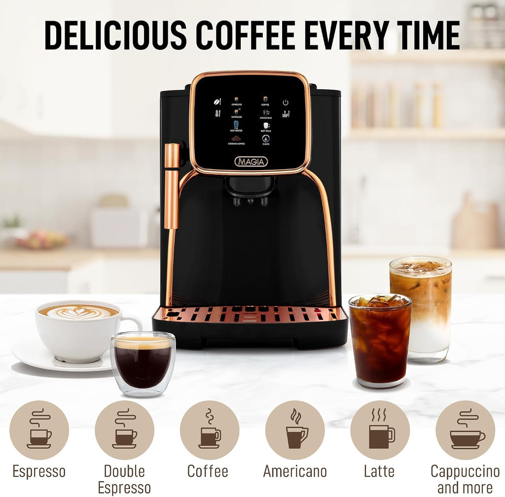Zulay Kitchen Magia Automatic Espresso Machine – Clasica, Black Copper – Super Automatic Coffee Maker with Built-in Grinder, Steam Wand, Self-Cleaning, Touch Panel, for Bean & Ground Coffee