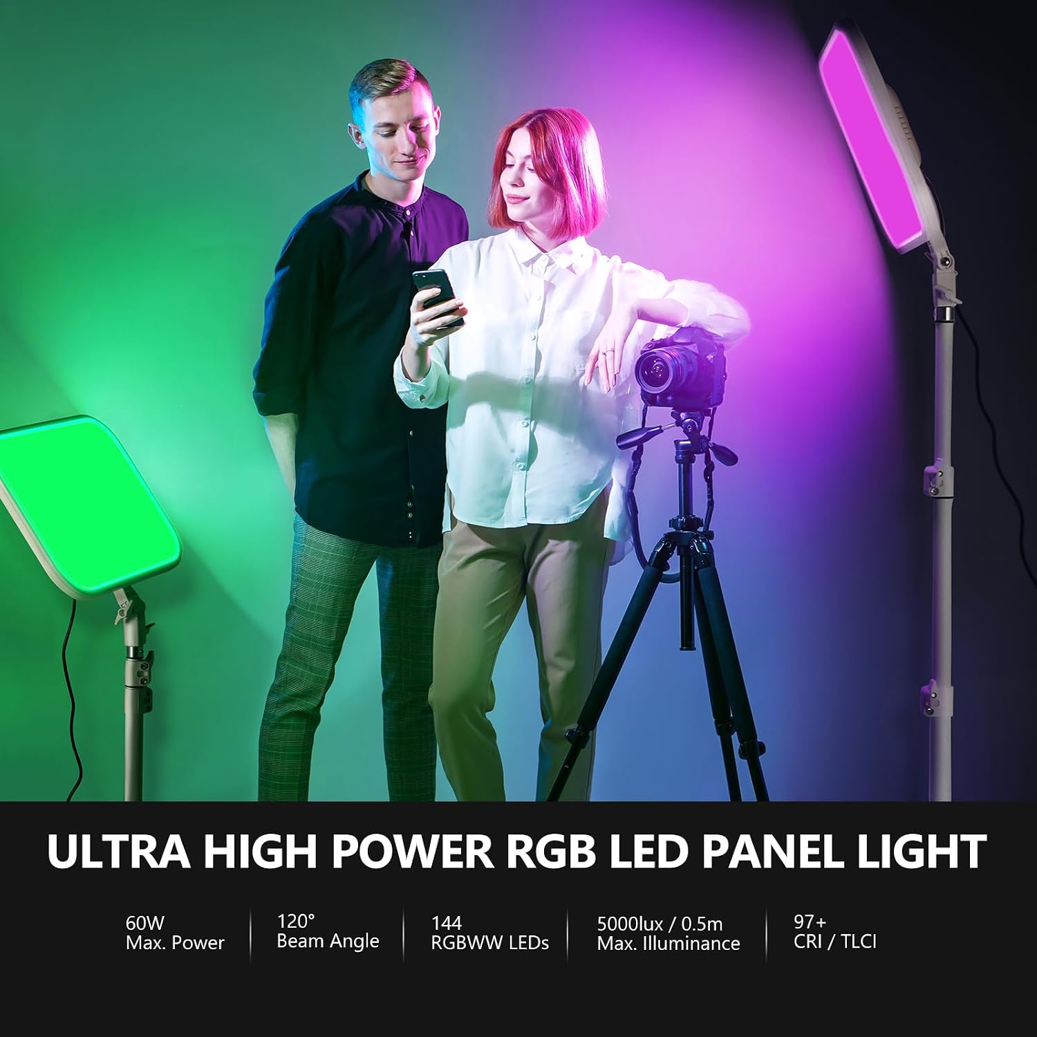 Neewer 18.3/'' RGB LED Video Light Panel with App Control Stand Kit 2 Packs, 360° Full Color,60W Dimmable 2500K~8500K RGB168 CRI97+ 17 Scene Effect for Game/YouTube/Zoom/Photography,White