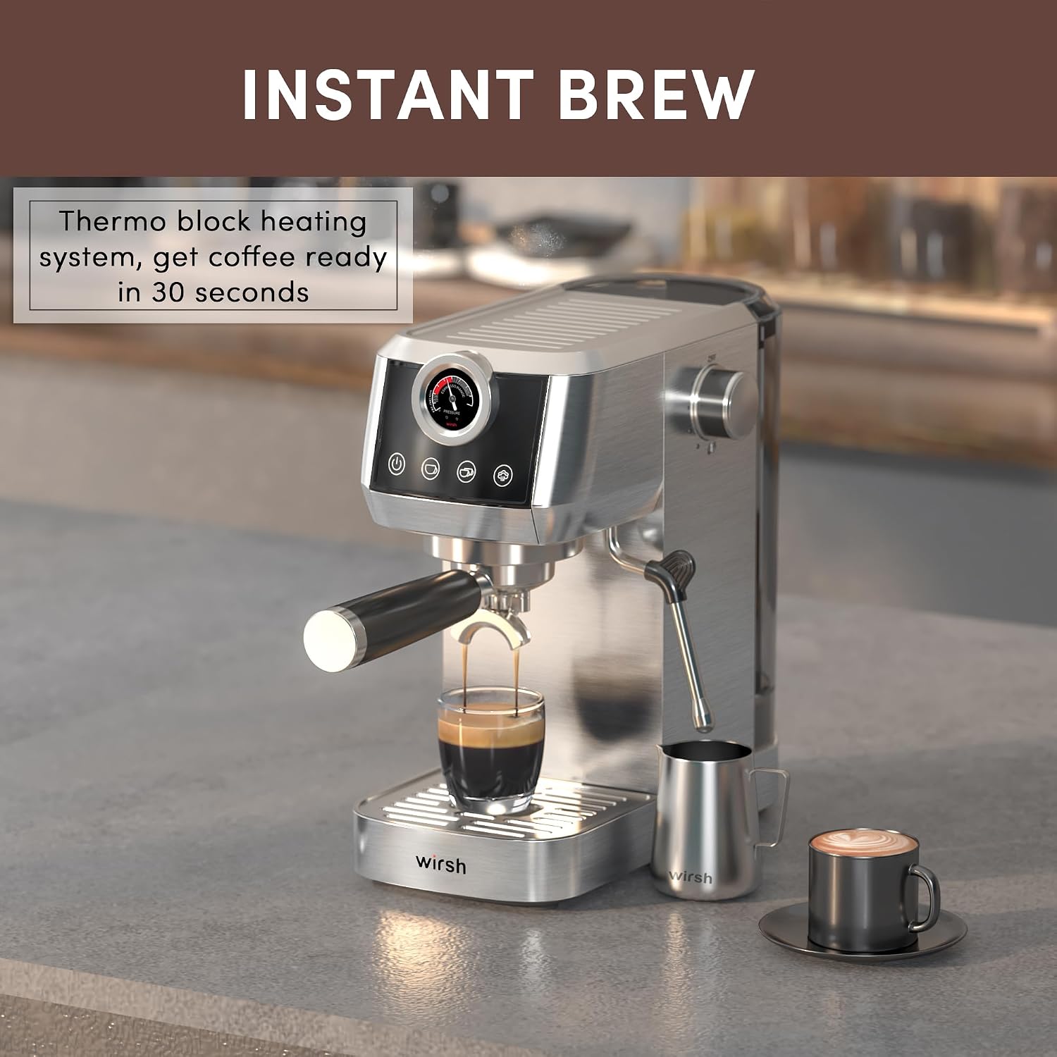 wirsh Espresso Machine, 20 Bar Semi-Automatic Espresso Maker with Pressure Gauge, Steam Wand, Stainless Steel Expresso Coffee Machine for Espresso/Latte/Cappuccino, Touch Screen,Home Barista Plus