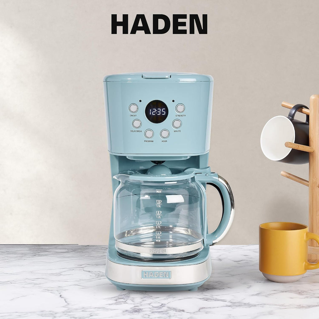 HADEN Brighton Coffee Machine, 12 Cup Programmable Drip Coffee Maker with Auto Shut-Off Function and Reusable Washable Water Filter, Sky Blue & Chrome