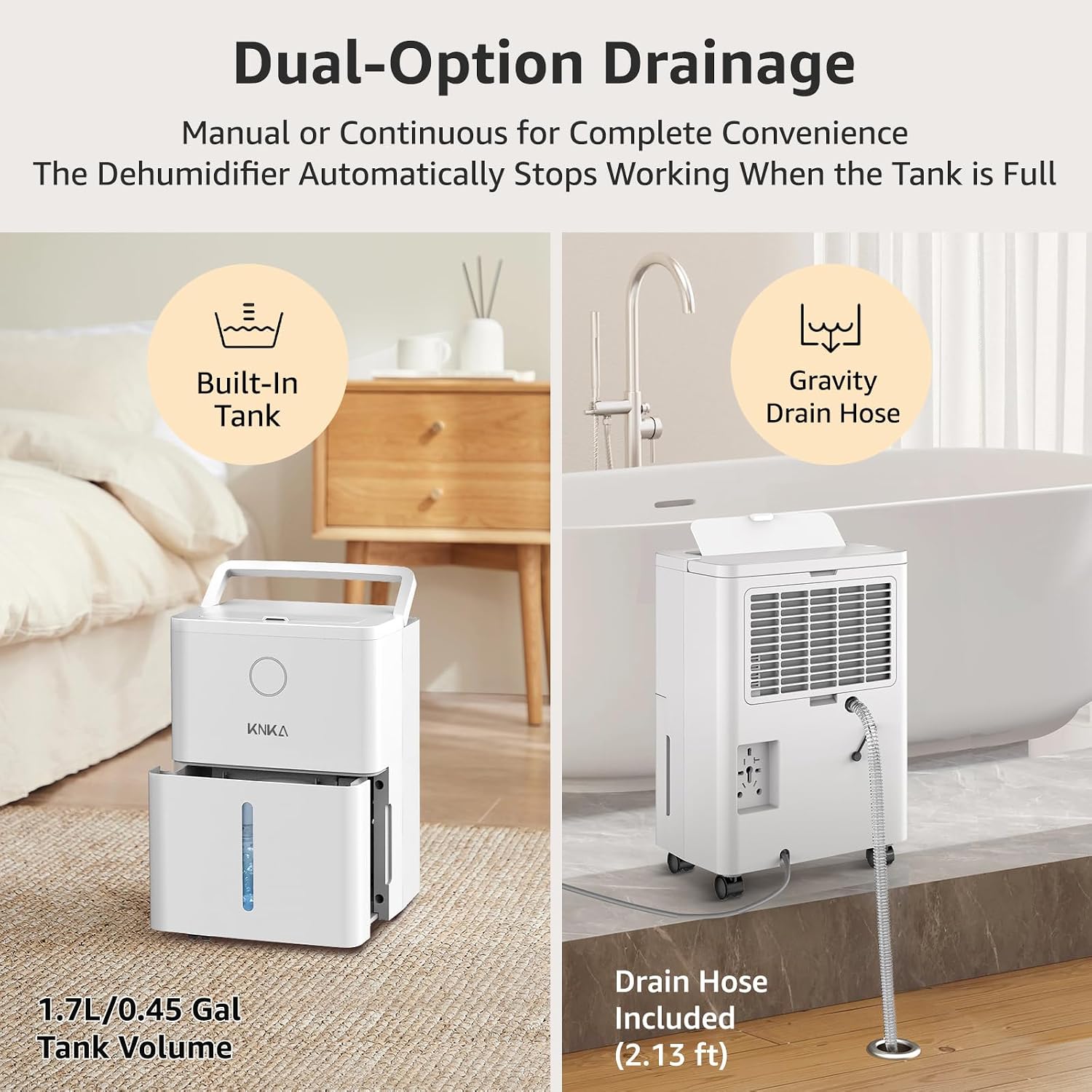 KNKA 19 Pint Quiet Dehumidifier with Drain Hose, 1300 Sq.ft Dehumidifiers for Home, Smart Humidity Control & Display, 24H Timer, Washable Filter, Idea for Bathroom Basement Bedroom RV Large Room