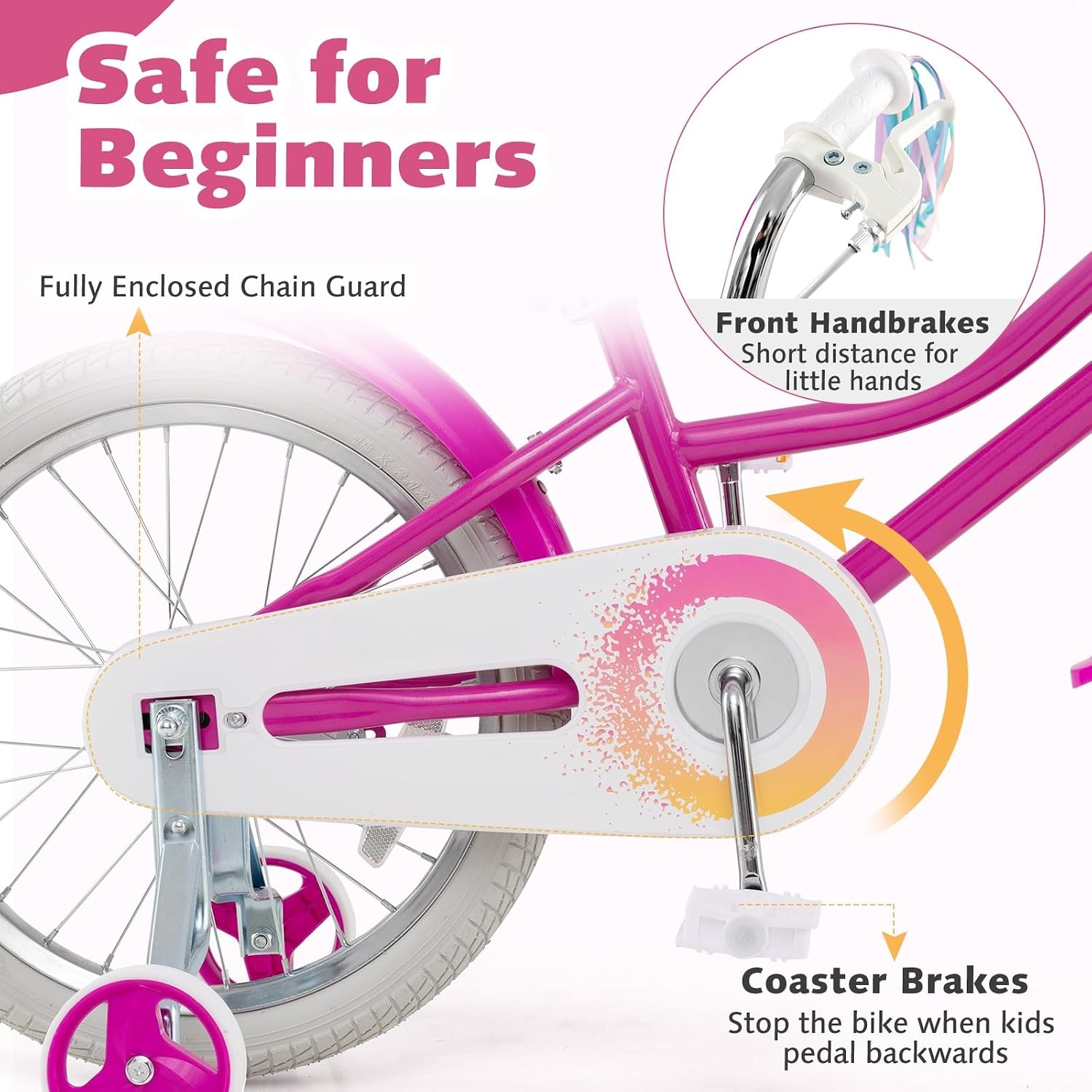 HONEY JOY Kids Bike, 12 14 16 18 Inch Girls Bike w/Training Wheels, Doll Seat, Streamers, Handbrake & Coaster Brake, Fully Enclosed Chain, Princess Style Children Bicycle, Gift for Girls 3-8