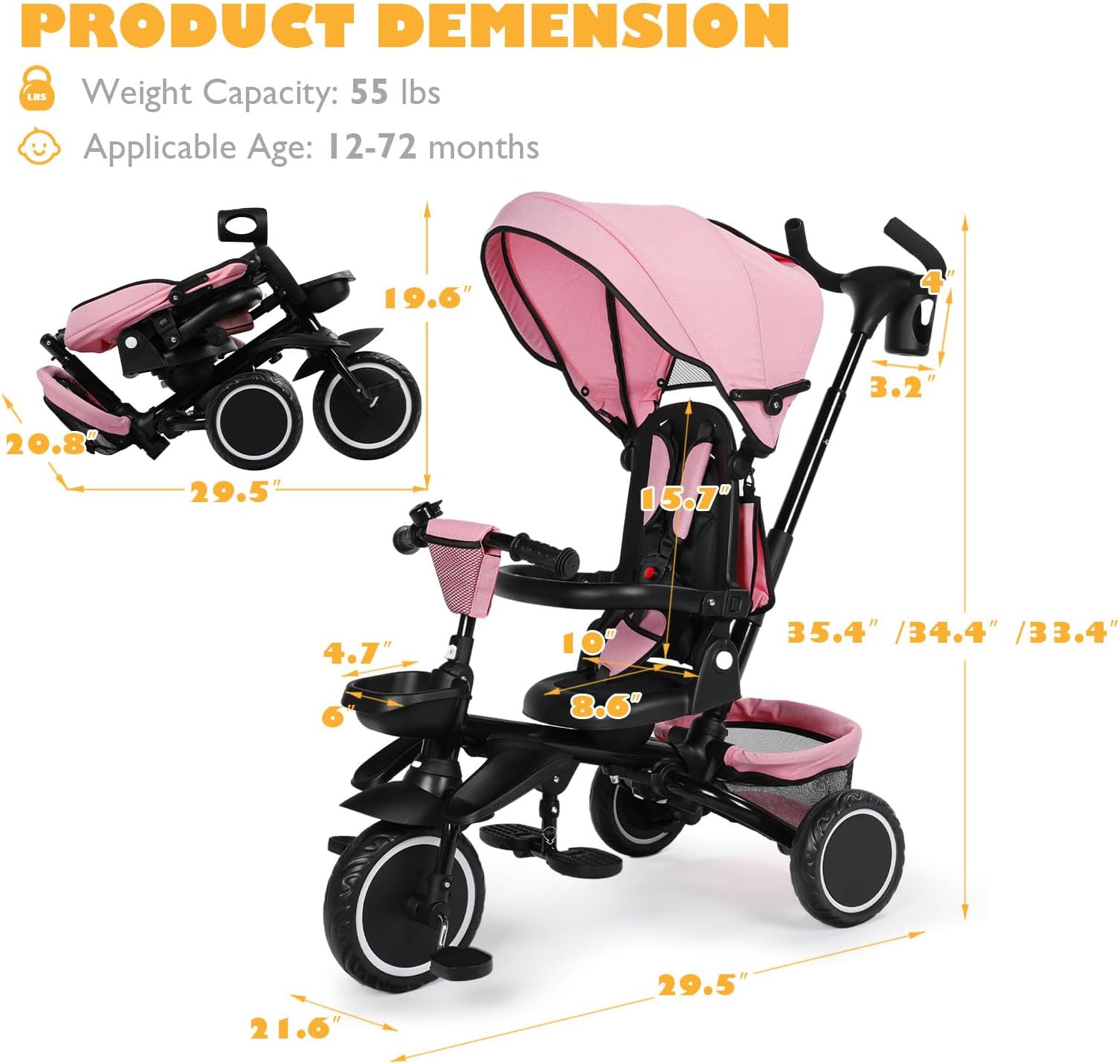 TODEFULL Folding Kids Tricycle, 8 in 1 Toddler Trike W/Removable & Adjustable Canopy, Parent Handle, 5-Piont Harness, Toddler Bike Tricycle for Kids 1-6 Years, EVA Wheels, Storage Basket, Pink