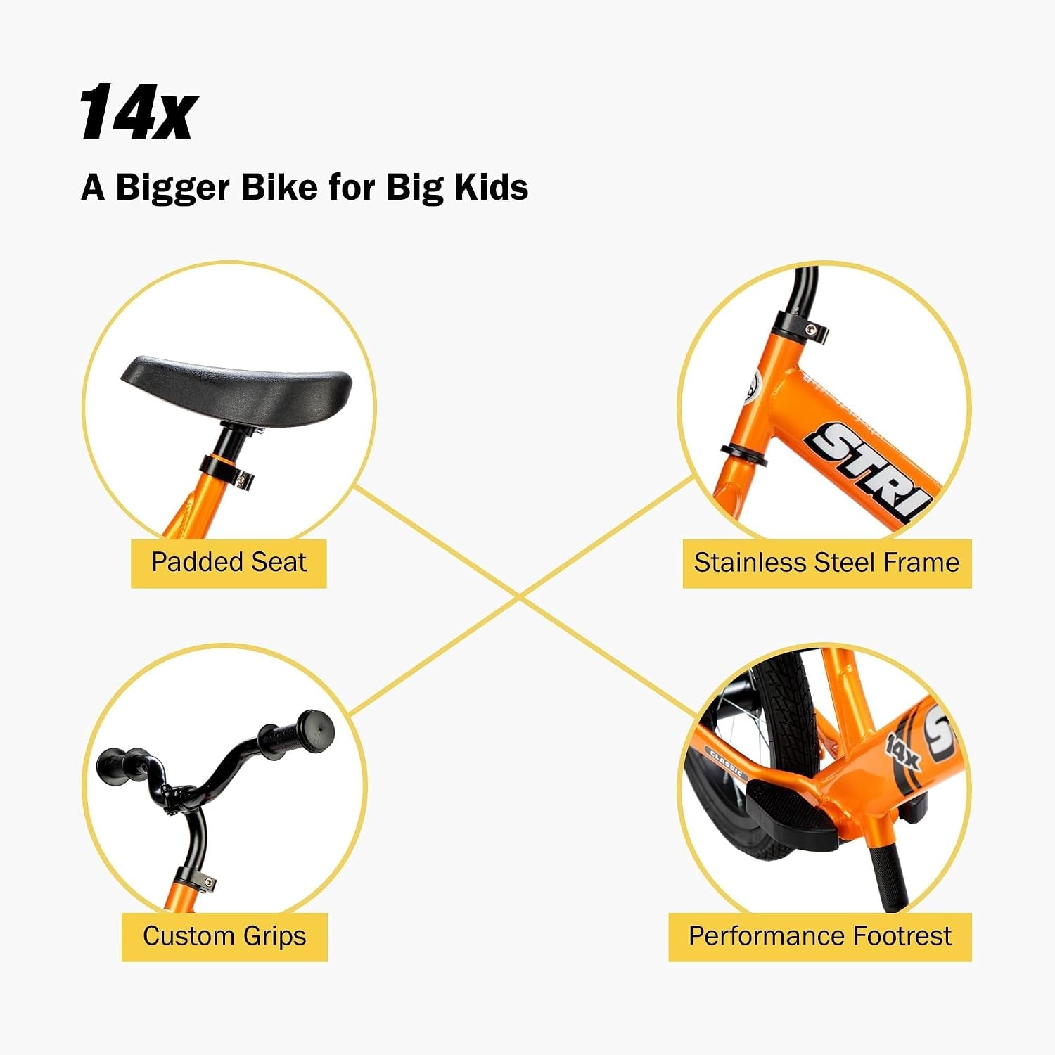 Strider 14x Classic, Balance Bike for Kids 3 to 6 Years - Includes Custom Grips, Padded Seat, Performance Footrest & All-Purpose Tires - Easy Assembly & Adjustments