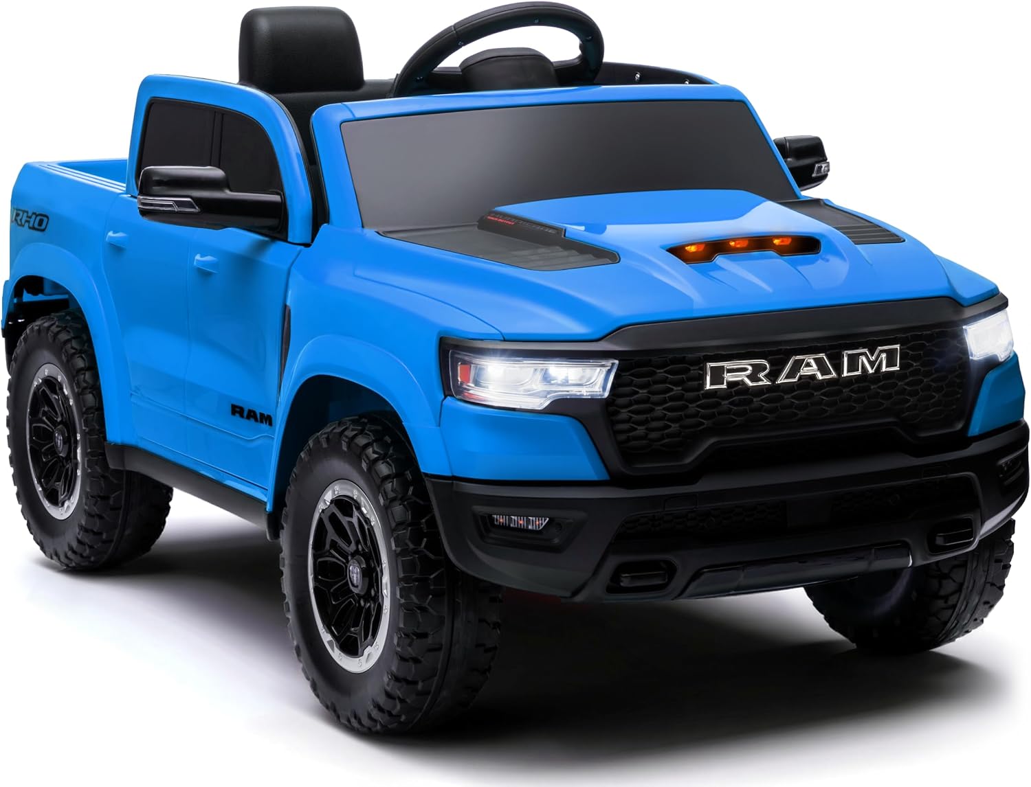 ENYOPRO 12V Licensed Ram 1500 RHO Ride on Truck, Electric Car for Kids to Drive, Toddler Ride On Toys w/Remote Control, Truck Bed Storage, Smooth Start, Bluetooth, USB, LED Lights, Max 3.5 MPH, Blue
