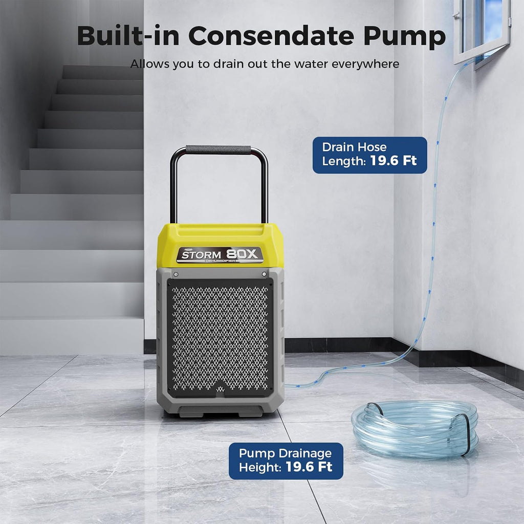 ALORAIR 170 PPD Commercial Dehumidifier with Pump & Drain Hose, LGR Industrial Use, Portable Dehumidifier with Wheels for Water Damage Restore, Carpet Drying, Storm 80X (Yellow)