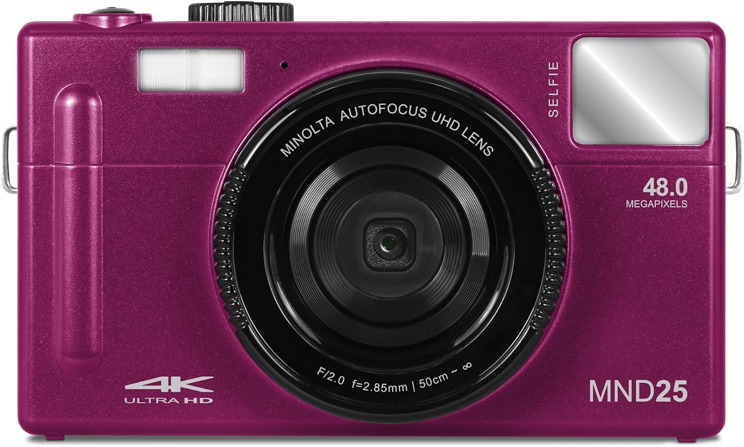 Minolta 48MP Autofocus Digital Camera with Selfie Mirror – 4K Ultra HD Video, 16x Digital Zoom, 3.0' LCD, Face Detection, Smile Capture, Scene Modes, Rechargeable Battery, Memory Card (Magenta)