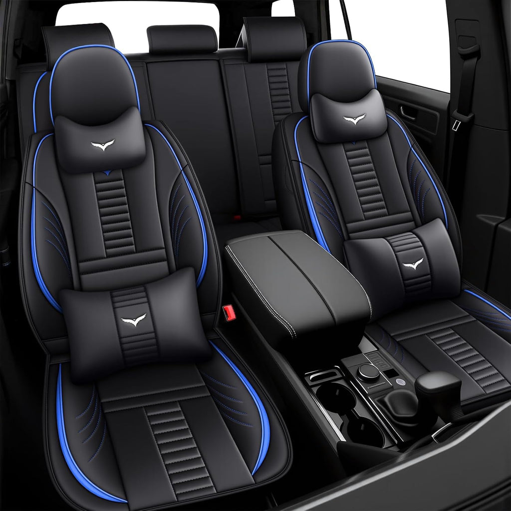 5 Car Seat Covers for Toyota Tacoma 2001-2025,Waterproof Seat Covers Full Set with Storage Pockets,Easy to Install Cover Set with Airbag,Auto Vehicle Cushion with Pillows(Luxury,Blue,Black)