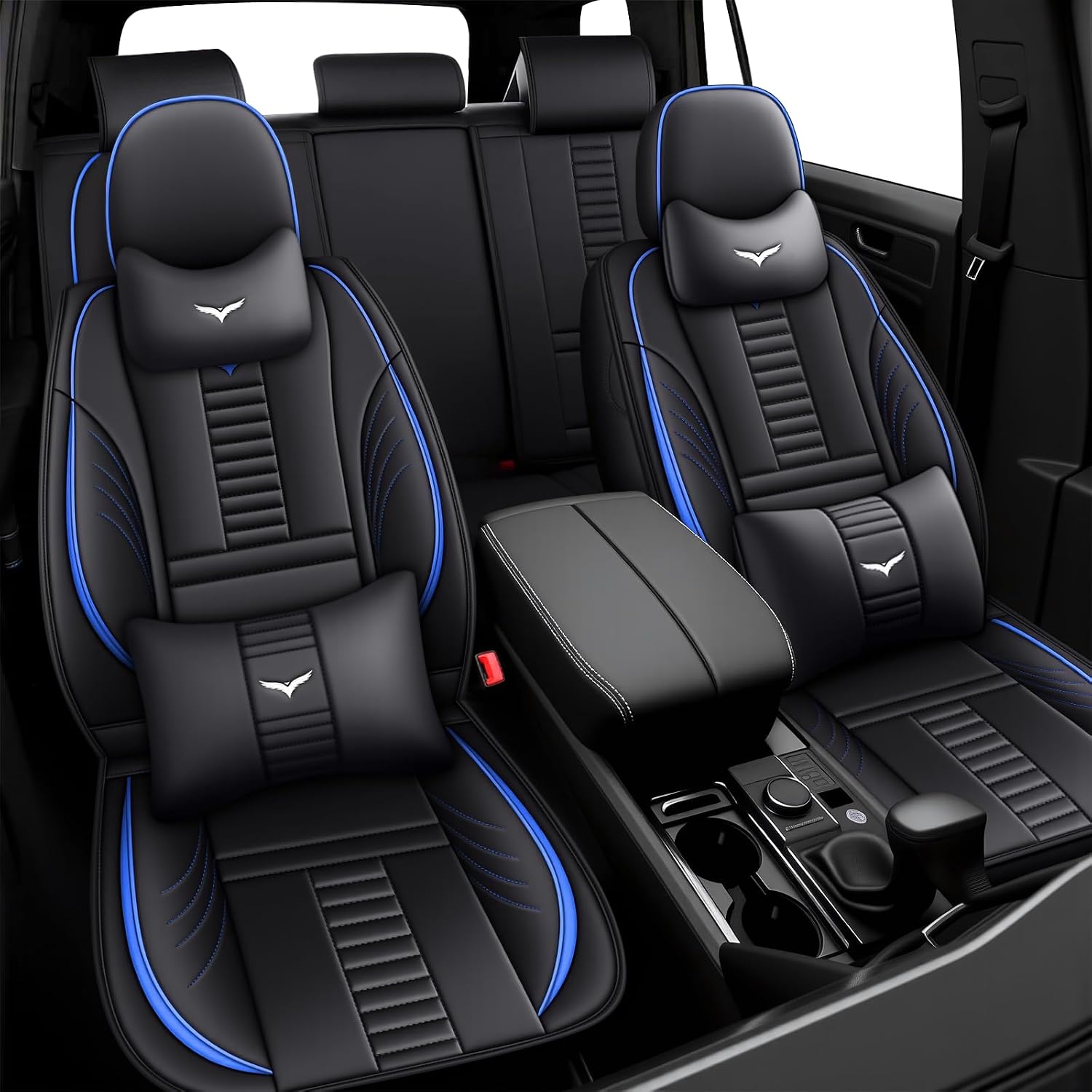 5 Car Seat Covers for Toyota Tacoma 2001-2025,Waterproof Seat Covers Full Set with Storage Pockets,Easy to Install Cover Set with Airbag,Auto Vehicle Cushion with Pillows(Luxury,Blue,Black)