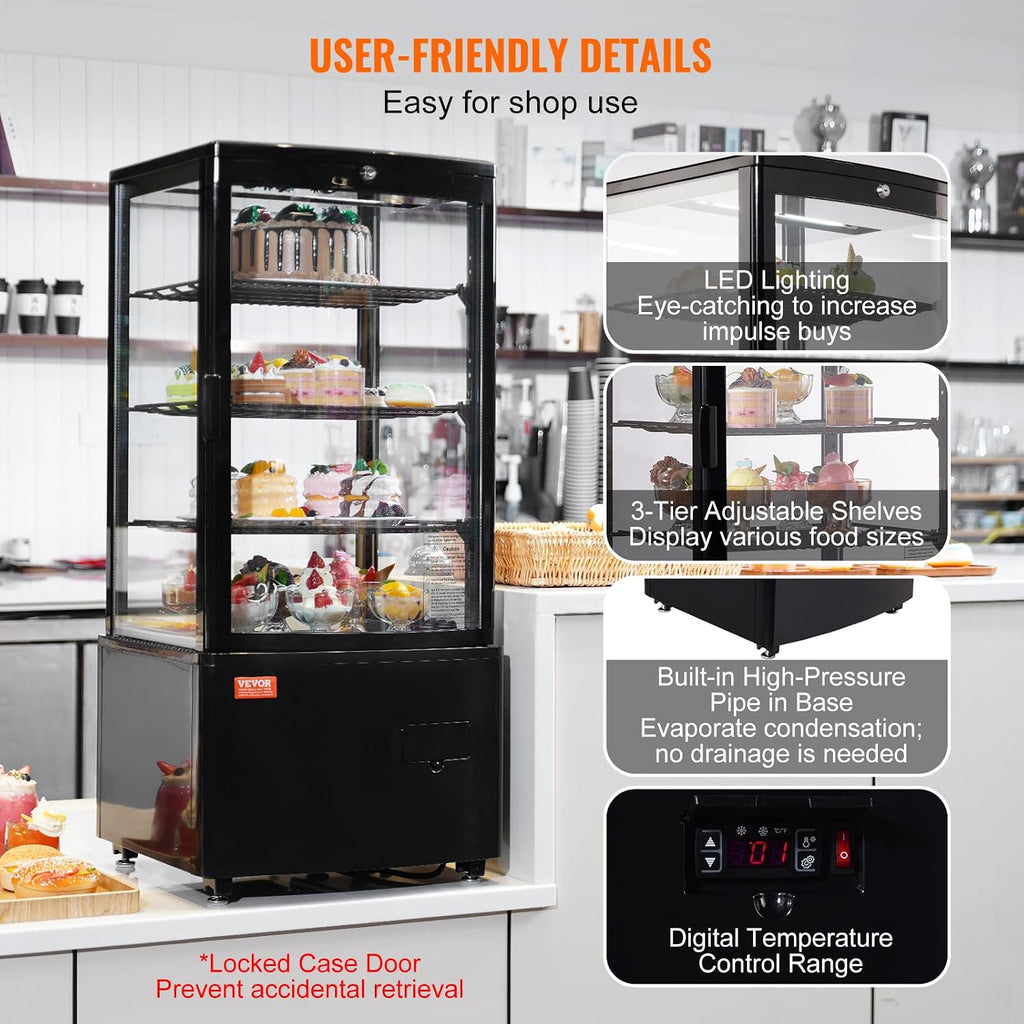 VEVOR XC-78L(1R) Cake Refrigerated 3 Cu.Ft./85L Countertop Pastry, Commercial Display Case with LED Lighting, TURBO, Frost-Free Air-Cooling, Locked Door for Bakery, 18.8 x 16.9 x 38 in, Black