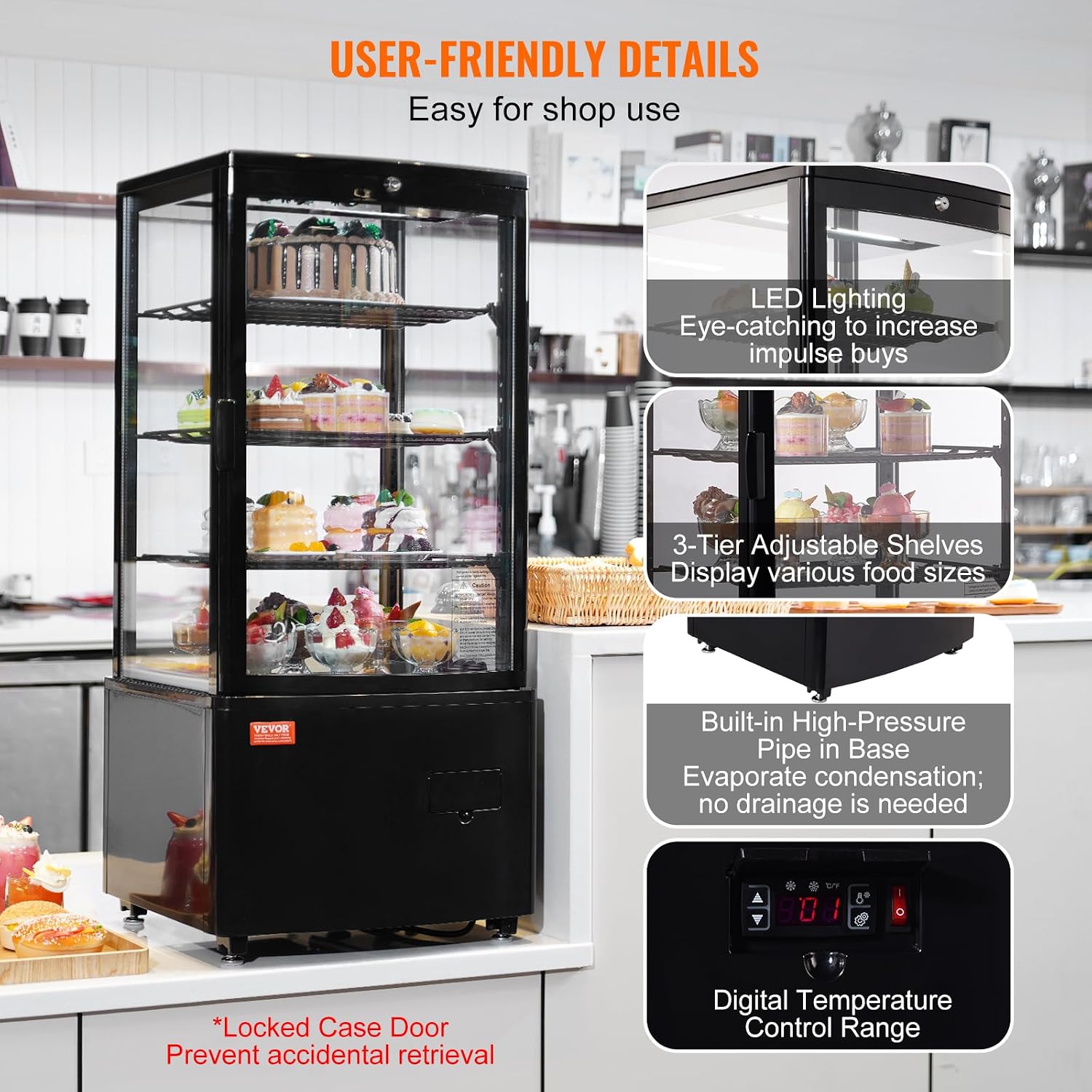 VEVOR XC-78L(1R) Cake Refrigerated 3 Cu.Ft./85L Countertop Pastry, Commercial Display Case with LED Lighting, TURBO, Frost-Free Air-Cooling, Locked Door for Bakery, 18.8 x 16.9 x 38 in, Black