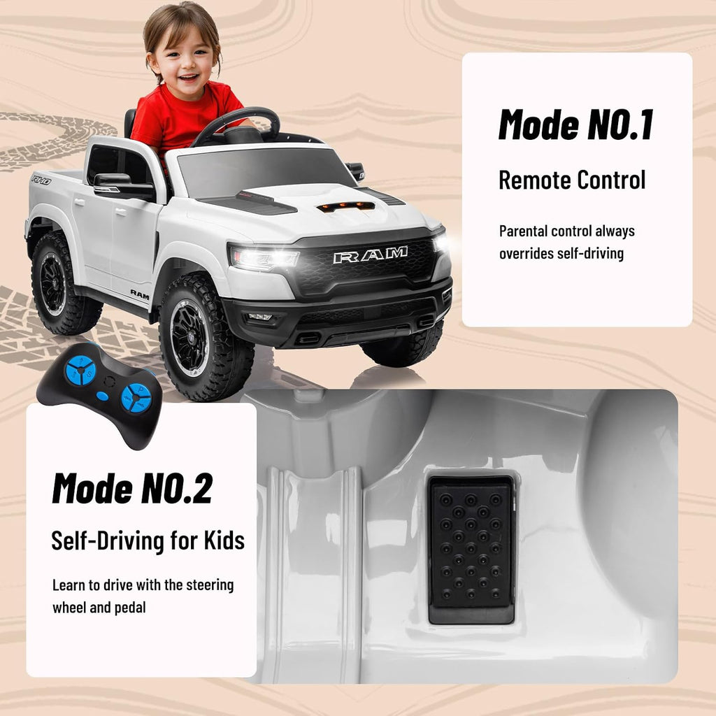 YOFE Ram 1500 Ride on Toys for Kids 4-8, Ride on Pickup Truck for Toddlers with Remote Control,12V Battery Powered Car with Trunk, Bluetooth, Music, Safety Belt (White)