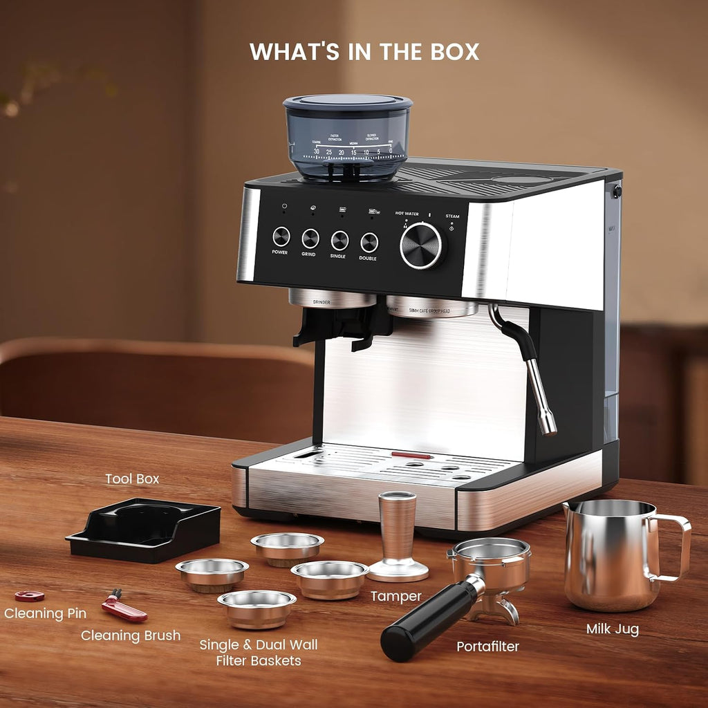 Joy Pebble 15 Bar Espresso Machine with Grinder & Milk Frother, All-in-One Coffee Maker for Home Baristas, 30-Position Grinder, 2.9L Removable Tank,for Cappuccino Latte