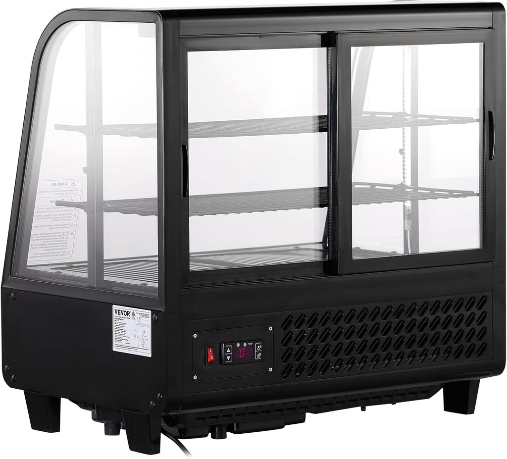 VEVOR 3.5 Cu.Ft Countertop Pastry Case ETL NSF DOE Certified Commercial Display Refrigerator with LED Lighting, Turbo, Frost-Free Air-Cooling, Rear Sliding Door, Curved, Black
