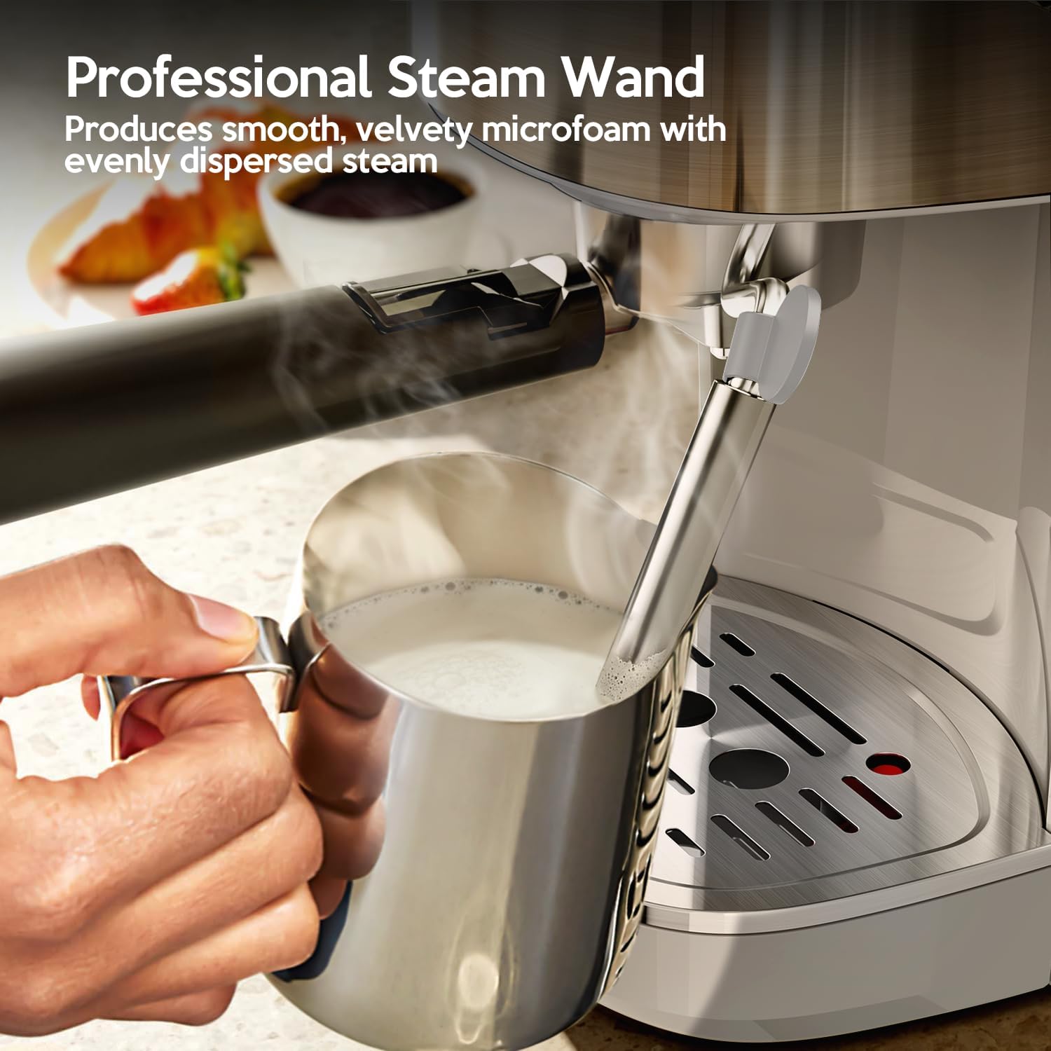 20 Bar Espresso Machine Semi-Automatic, Professional Coffee Maker with Milk Frother Steam Wand & 45OZ Removable Water Tank, Home Barista System for Cappuccino, Latte, Americano-Stainless Steel-Silver