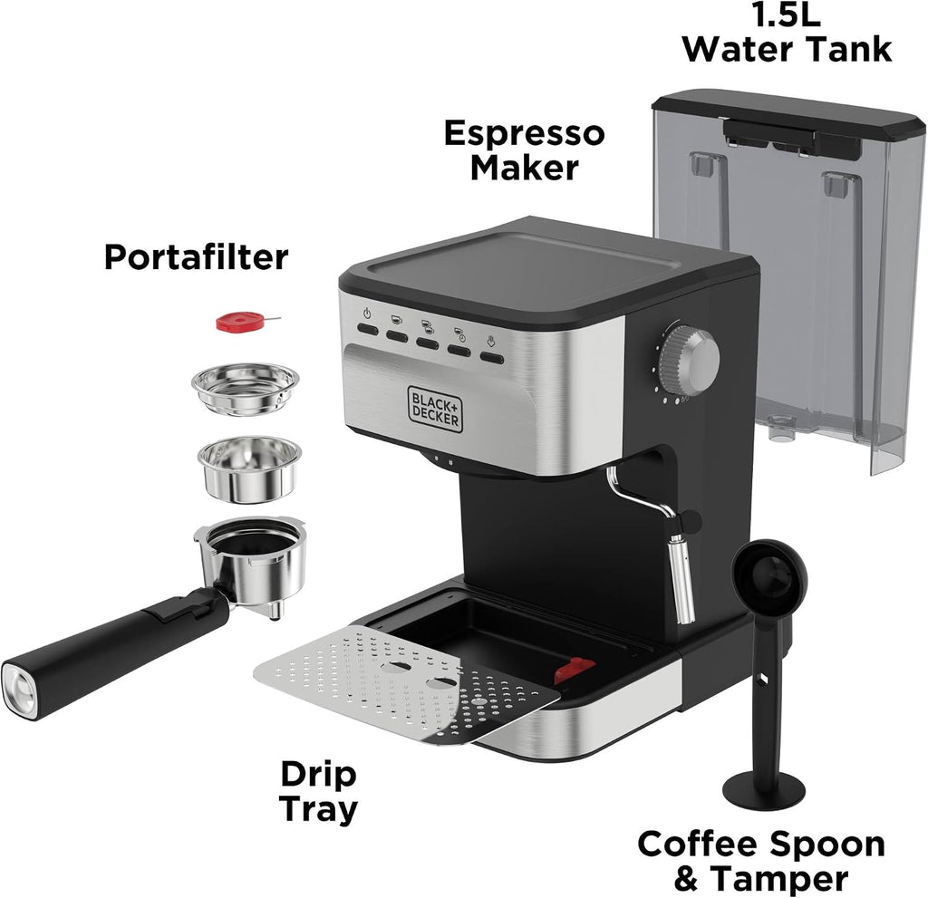 Black+Decker Semi-Automatic 15 Bar Espresso and Cappuccino Maker, Versatile Machine with Ability to use Grounds or ESE Pods to Make Your Perfect Cup of Coffee