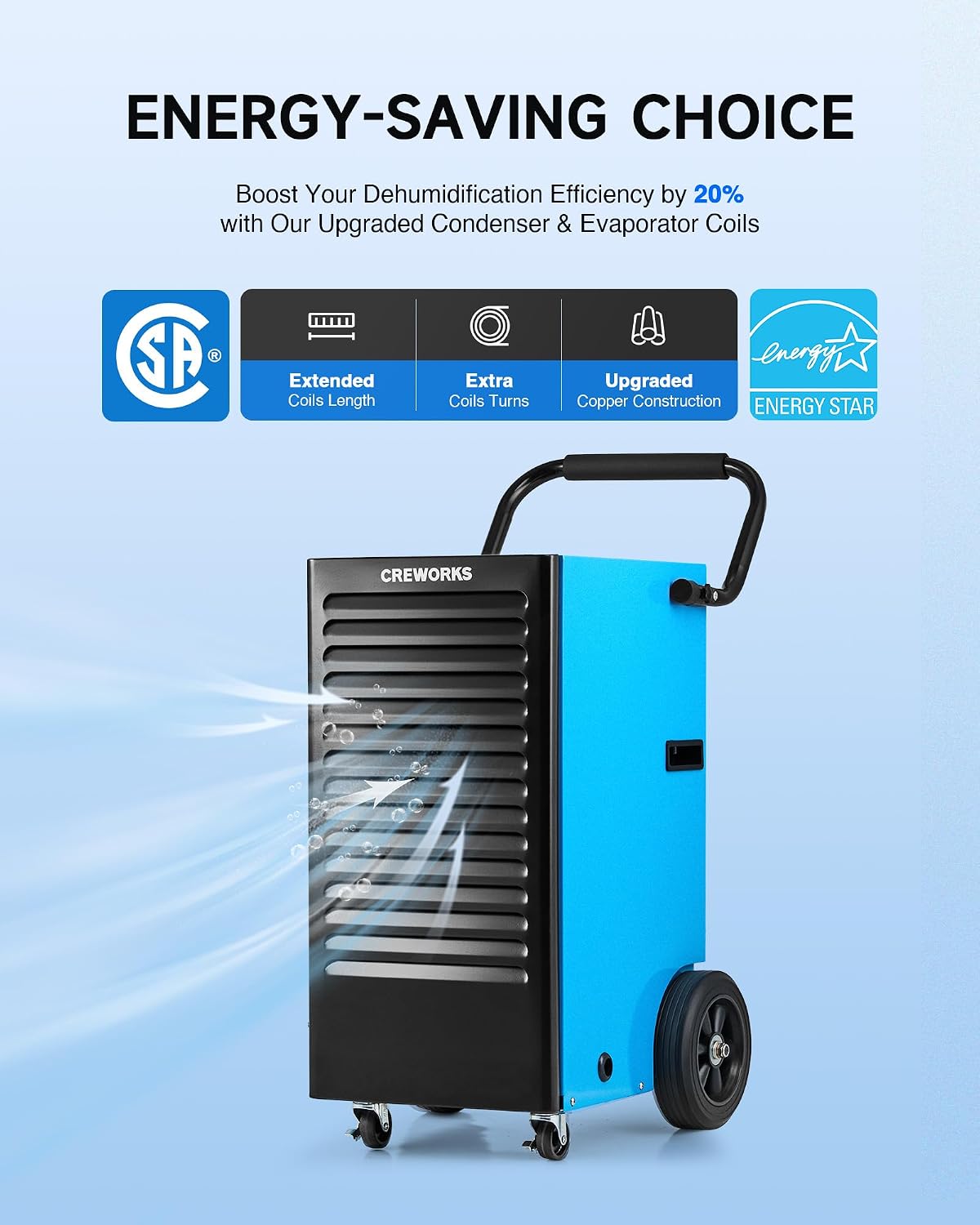 CREWORKS 180 PPD Commercial Dehumidifier, 180 Pint Dehumidifier for Basement with Wheels Drain Hose, Portable Professional Basement Dehumidification with Auto Defrost Display Panel