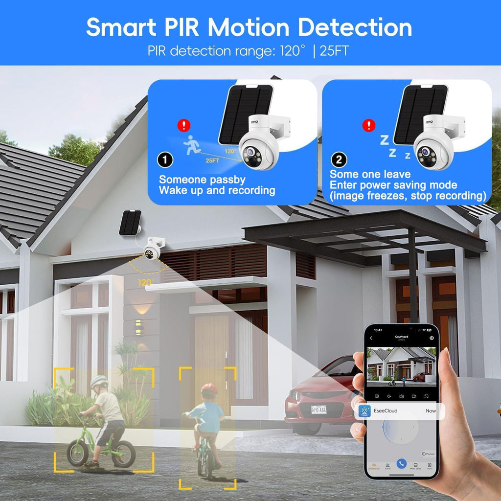 MMQ Solar Security Cameras Outdoor, 4MP PTZ Solar Panel for Security Cameras, Battery Powered Wireless Cameras for Home with 128GB Card, PIR Motion Detection, Color Night Vision, Work with Alexa