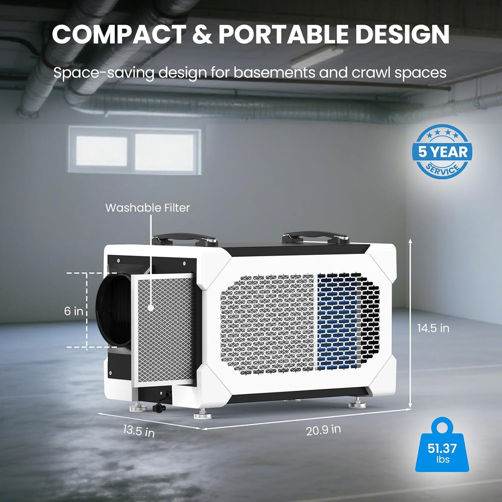 CADPXS Crawlspace Dehumidifier, 145 Pints Commercial Dehumidifier with Drain Hose for Crawl Spaces, Basements, Industrial and Water Damage, Large Capacity, Memory Restart, 5 Years Limited Warranty