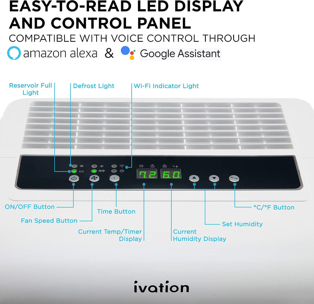Ivation 4,500 Sq Ft Smart Wi-Fi Energy Star Dehumidifier with App, Continuous Drain Hose Connector, Programmable Humidity, 2.25 Gal Reservoir for Medium and Large Rooms (4,500 Sq Ft With Pump)