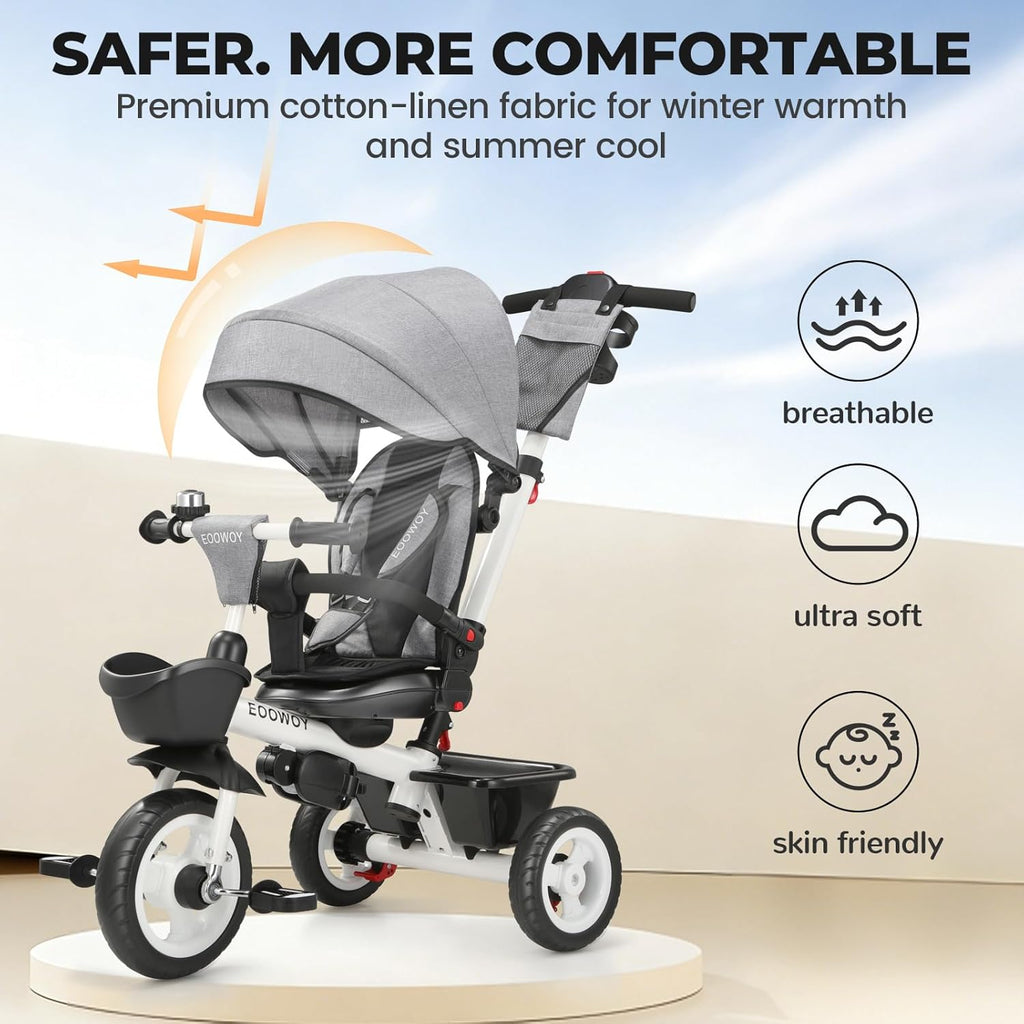 EOOWOY Toddler Tricycle with Push Handle, 7 in 1 Stroller Trike with 360° Swivel Seat, Reclining Backrest, All-Terrain Wheels, Dual Brakes, Canopy & Storage, Gift for Kids 18 Months to 5 Years, Gray