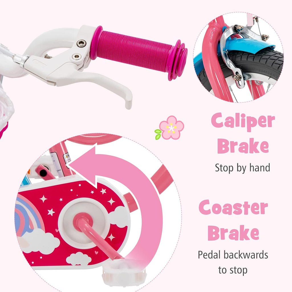 BABY JOY Kids Bike, 12 14 16 18 20 Inch Girls Bike w/Detachable Training Wheels or Kickstand, Storage Basket, Adjustable Seat & Handlebar, Bow or Streamer, Children Bicycle for 3-8 Years Old