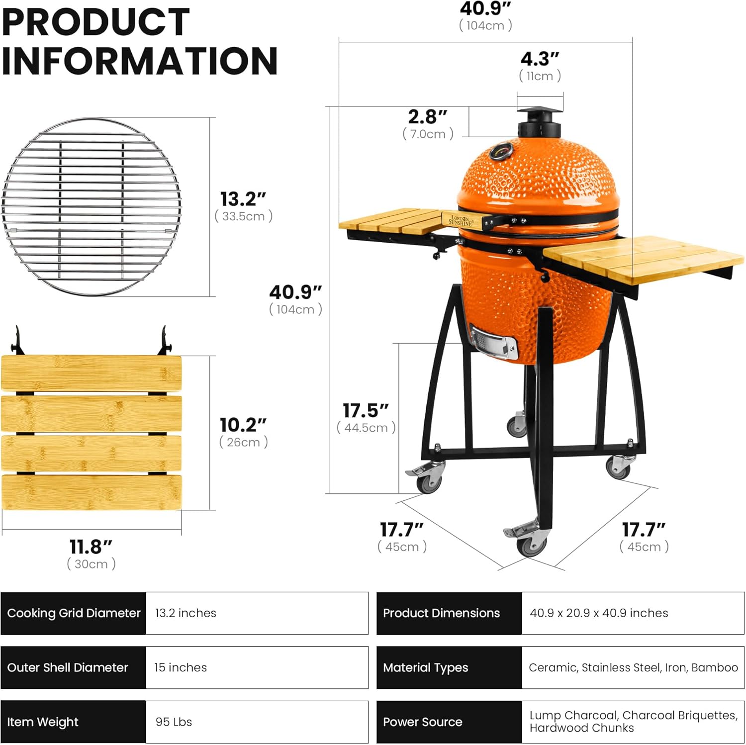 London Sunshine 15-inch Ceramic Kamado Charcoal BBQ Grill & Smoker with Locking Casters, Foldable Side Shelves, Stainless Steel Grates, and Tall Stand (Orange)