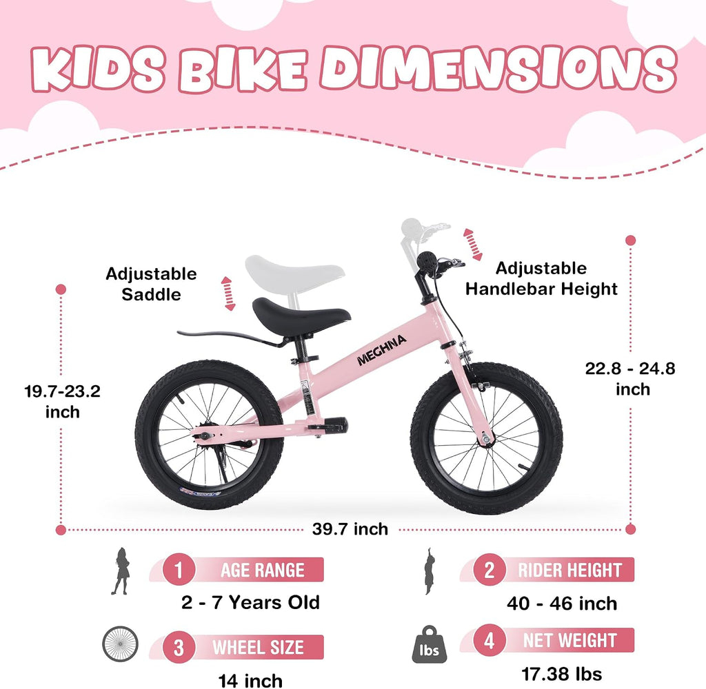ZUKKA Toddler Balance Bike 2 in 1 with Detachable Training Wheels 14 Inch Kids Bike Aged 3-7 Years Old with Adjustable Seat Handlebar and Coaster Brake for Boys Girls