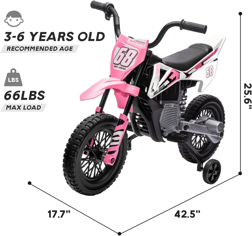 12V Kids Motorcycle w/Treaded Tires, 3.1mph Top Speed, Kids Motorcycle w/Training Wheels, Music, Spring Suspension, Ideal for Toddlers 3-6 Years Old, Pink
