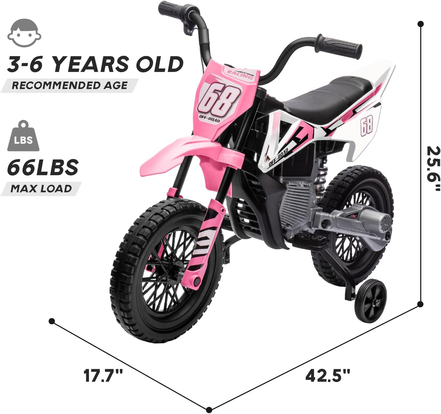 12V Kids Motorcycle w/Treaded Tires, 3.1mph Top Speed, Kids Motorcycle w/Training Wheels, Music, Spring Suspension, Ideal for Toddlers 3-6 Years Old, Pink