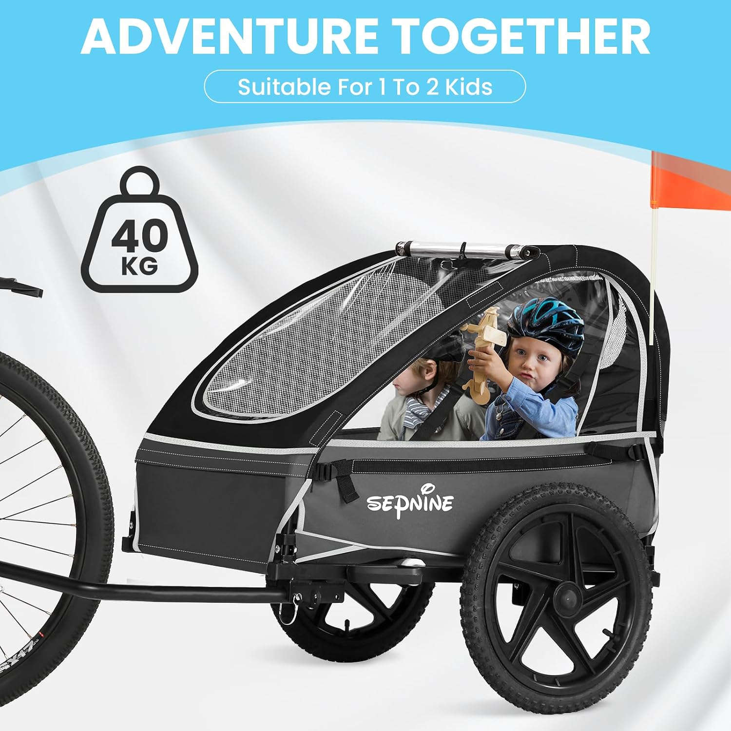 Sepnine Kids Bike Trailer, Suitable for 1 to 2 Kids, 12+ Months, Quick Attach to Bike, Foldable, with 5-Point Harness and Storage Bags