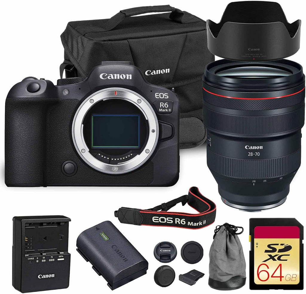 Canon EOS R6 Mark II Mirrorless Camera | 24.2MP Full Frame Sensor 4K 60p Video | Dual Pixel AF in-Body Stabilization for Professionals (5666C002) + Canon RF 28-70mm Lens + 64GB Card + Bag