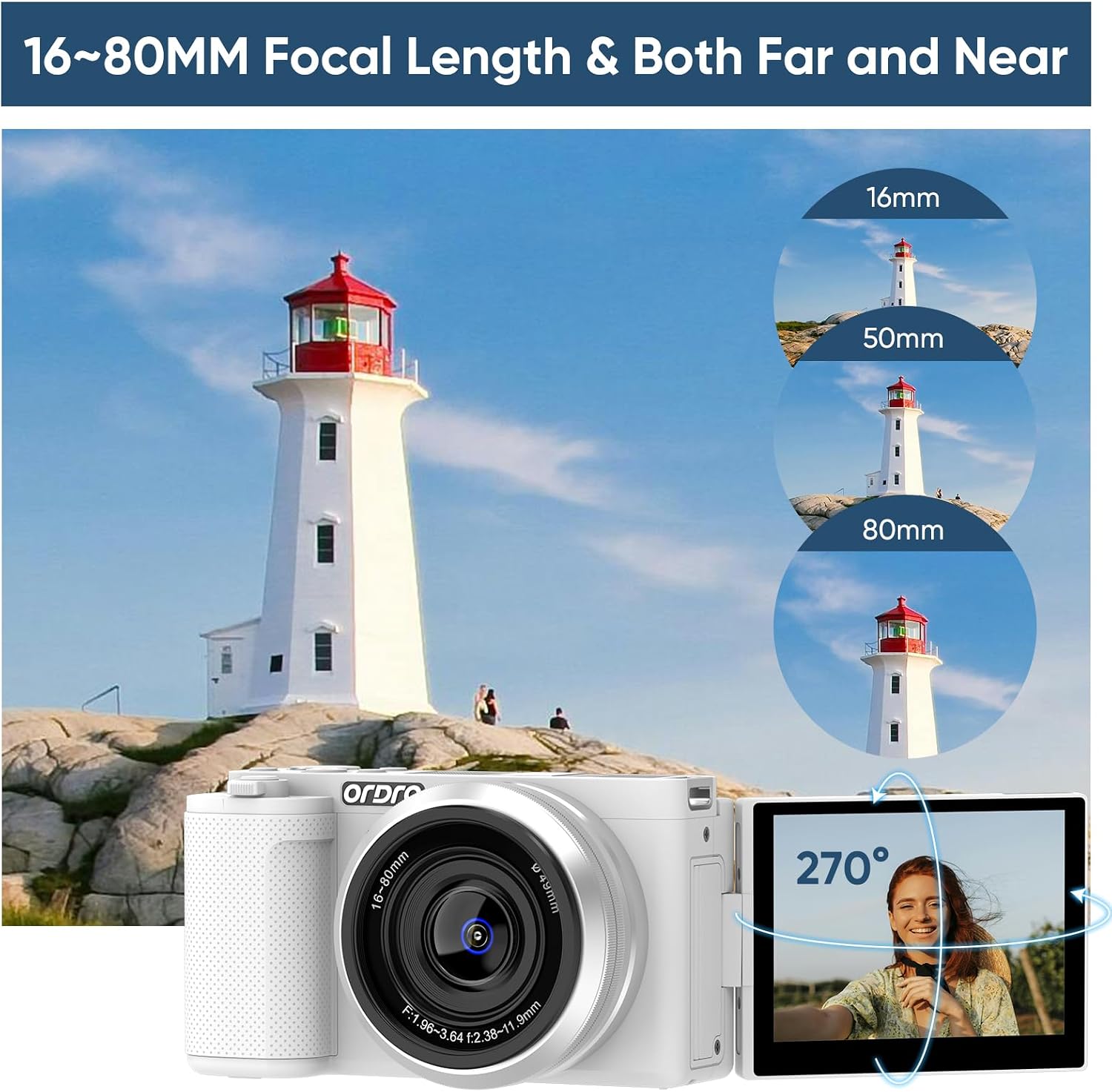 ORDRO 5K Digital Camera for Photography, 16-80 mm Wide Angle Cameras,15X Zoom Camera with 64GB Card, Vlogging Camera for YouTube w/Flip Screen, AutoFocus, WiFi & App Control
