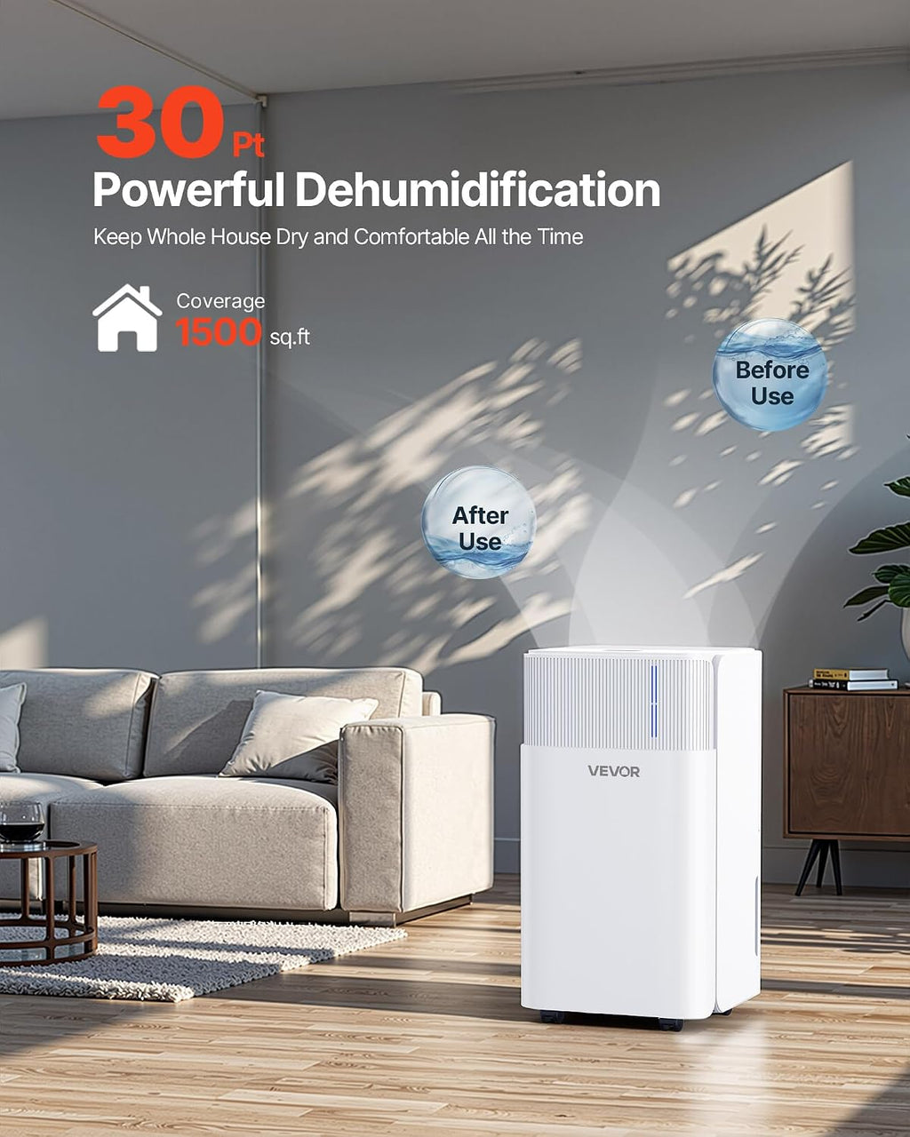 VEVOR 30 Pints Dehumidifier for Home & Basement, 1500 Sq.Ft Large CoverageDrain Hose for Commercial & Industrial Use, Smart Humidity Control, Low Noise for Large Rooms, Warehouses, Bedrooms & Storage