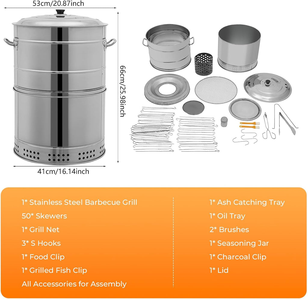 2-in-1 Vertical Smoker Barrel Grill, Portable Charcoal BBQ 360° Smokeless Stainless Steel BBQ Grill Barrel for Outdoor Barbecue, Camping, And Backyard Cooking (Large-50 Skewers)