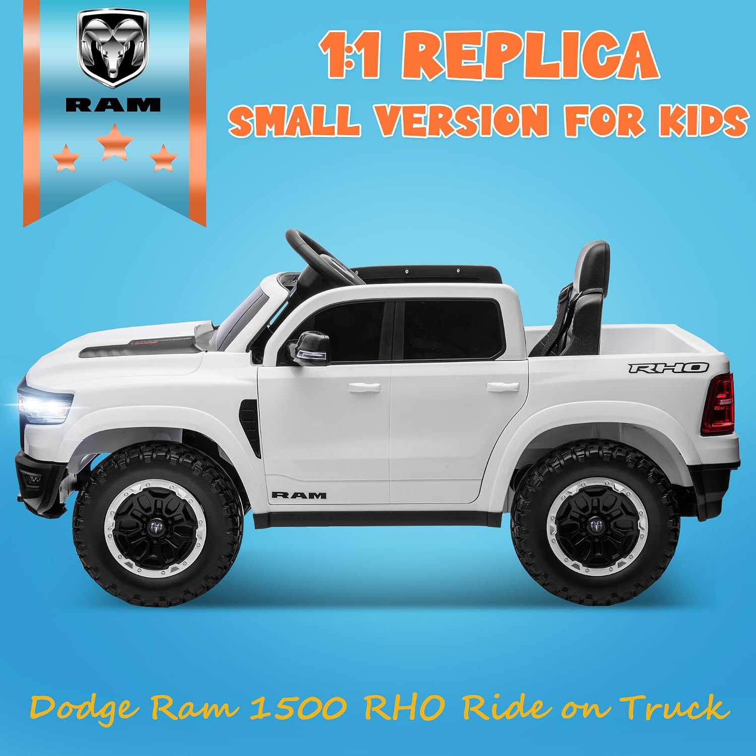 ENYOPRO 12V Licensed Ram 1500 RHO Ride on Toys for Kids, Toddlers Ride on Car w/Remote Control, Kids Electric Car w/4-Wheel Suspension, Soft Start, LED Lights, BT/USB/AUX, Truck Bed Storage, White