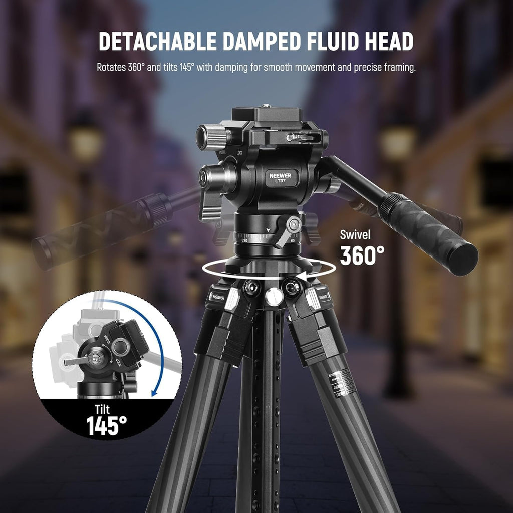 NEEWER 60.4' Travel Tripod Carbon Fiber with Detachable Damped Fluid Head, Lightweight Video Camera Stand with Metal Quick Flip Buckle, Arca Type QR Plate Compatible with PD, LT37
