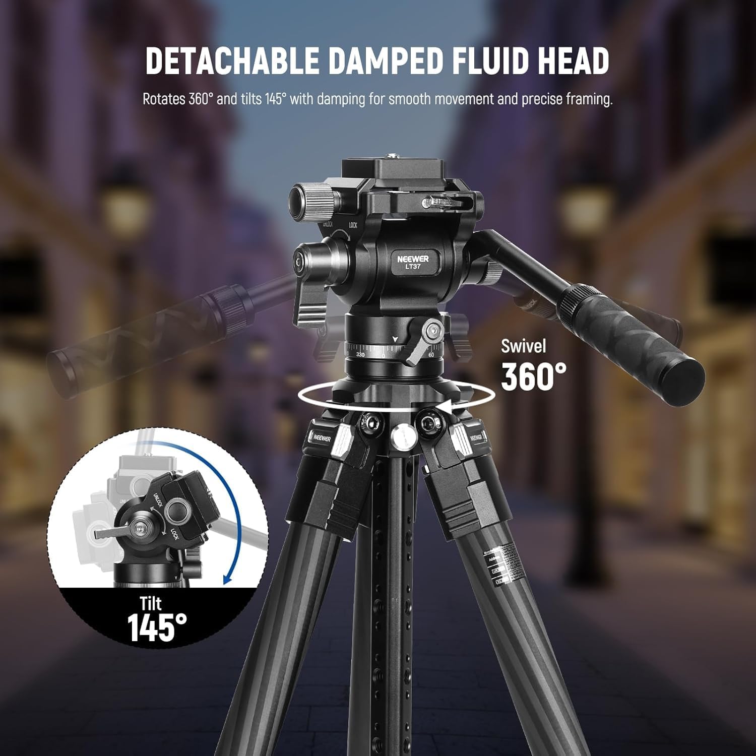 NEEWER 60.4' Travel Tripod Carbon Fiber with Detachable Damped Fluid Head, Lightweight Video Camera Stand with Metal Quick Flip Buckle, Arca Type QR Plate Compatible with PD, LT37