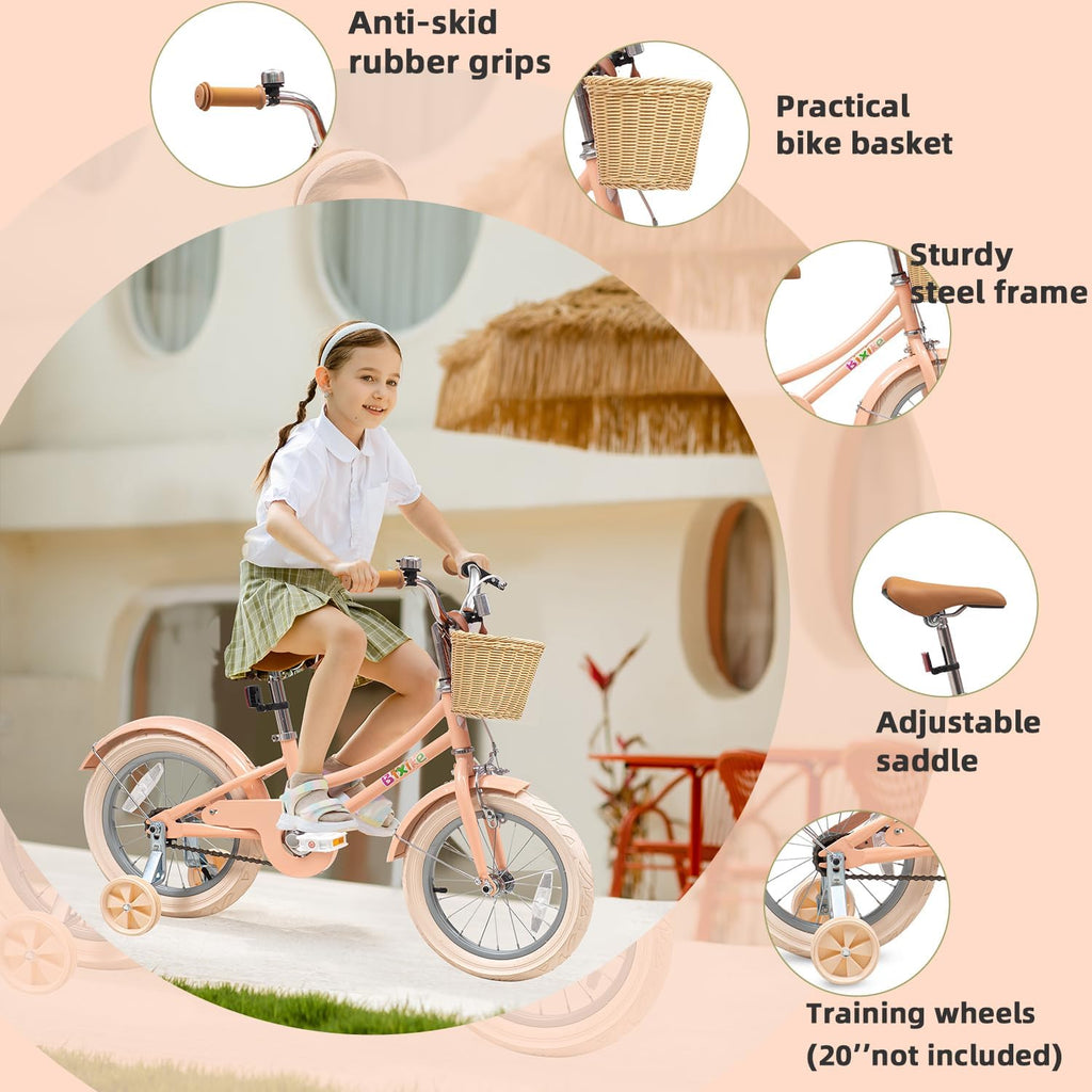 Bixike Retro Design Girls Bike with Basket and Coaster Brake for 3-13 Years Old Kids, 14 16 18 Inch Cruiser Bicycle for Toddlers with Training Wheels, 20 24 26 Inch with Kickstand, Multiple Colors