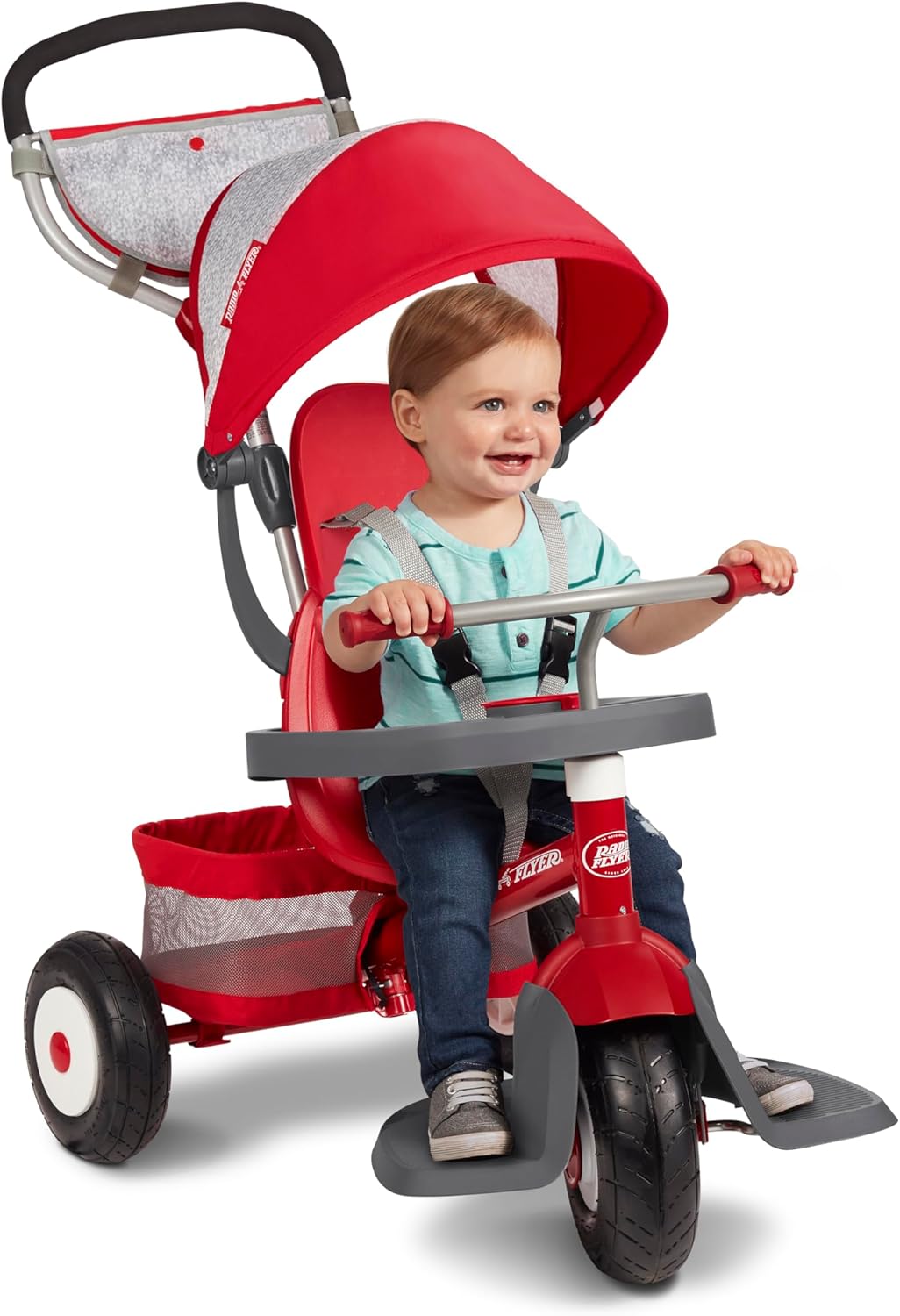 Radio Flyer Ultimate All-Terrain Stroll 'N Trike, Ages 1-5, Convertible 4-in-1 Tricycle, All-Terrain Tires, Parent Push Handle, UV Canopy, Accessories, Safety Harness, Stroller Tricycle for Toddlers