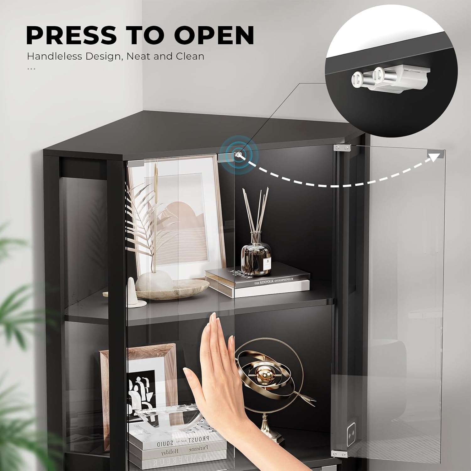 BROTTAR Corner Display Cabinet with Glass Doors, 65' Lighted Curio Cabinet with 3 Color LED Lights for Collectibles, 4-Tier Showcase Display Case with Human Body Sensor for Toys, Books, Black